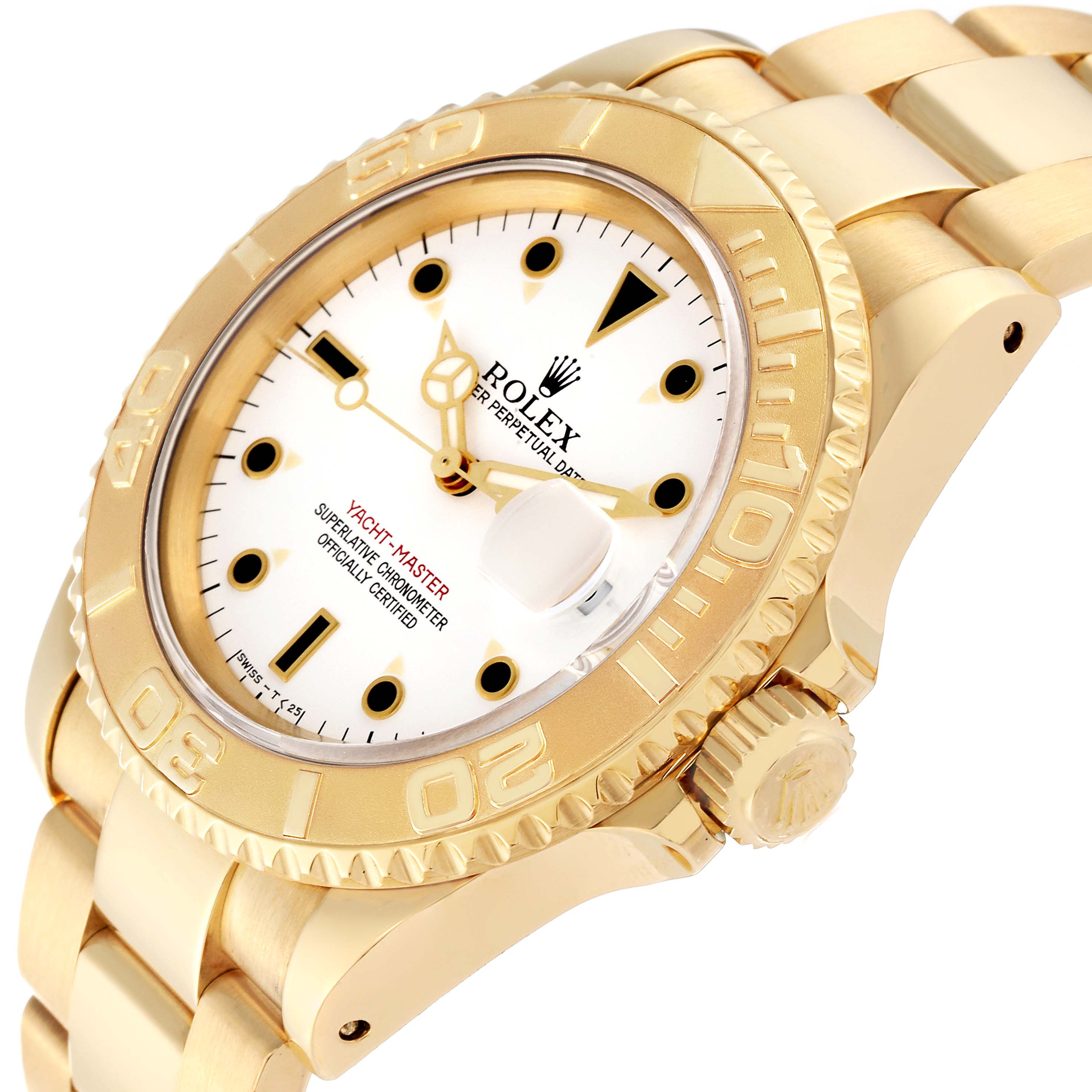 The Rolex Yacht-Master 16628 Men's Yellow Gold White Dial 16628 Men's Yellow Gold White Dial watch is shown from an angled front view, highlighting the dial, bezel, crown, and bracelet.