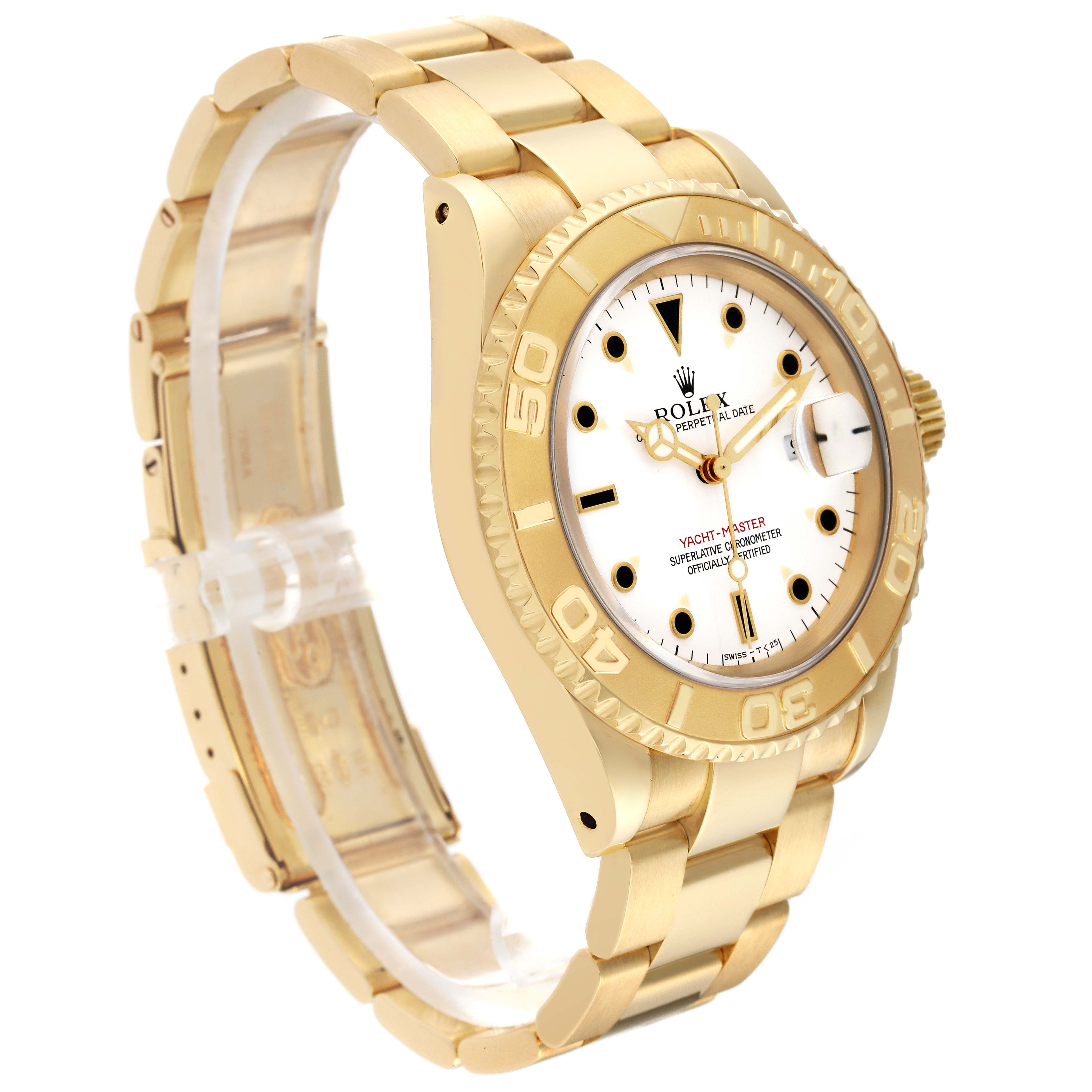 The Rolex Yacht-Master 16628 Men's Yellow Gold White Dial 16628 Men's Yellow Gold White Dial watch is shown at an angle showcasing its gold bracelet, bezel, and white dial with date display.