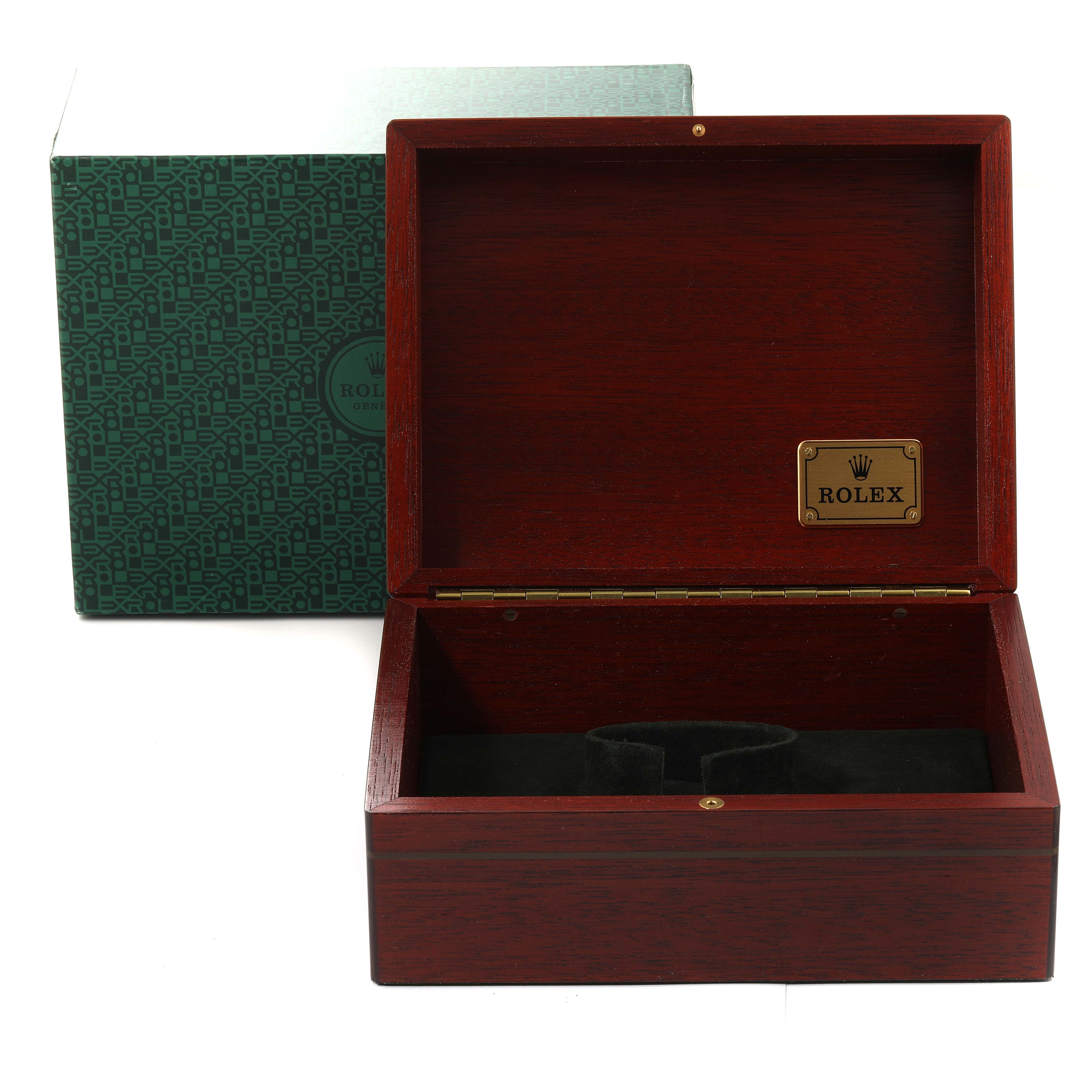 The image shows an open wooden box for a Rolex Yacht-Master 16628 Men's Yellow Gold White Dial 16628 Men's Yellow Gold White Dial watch, viewed from the front.