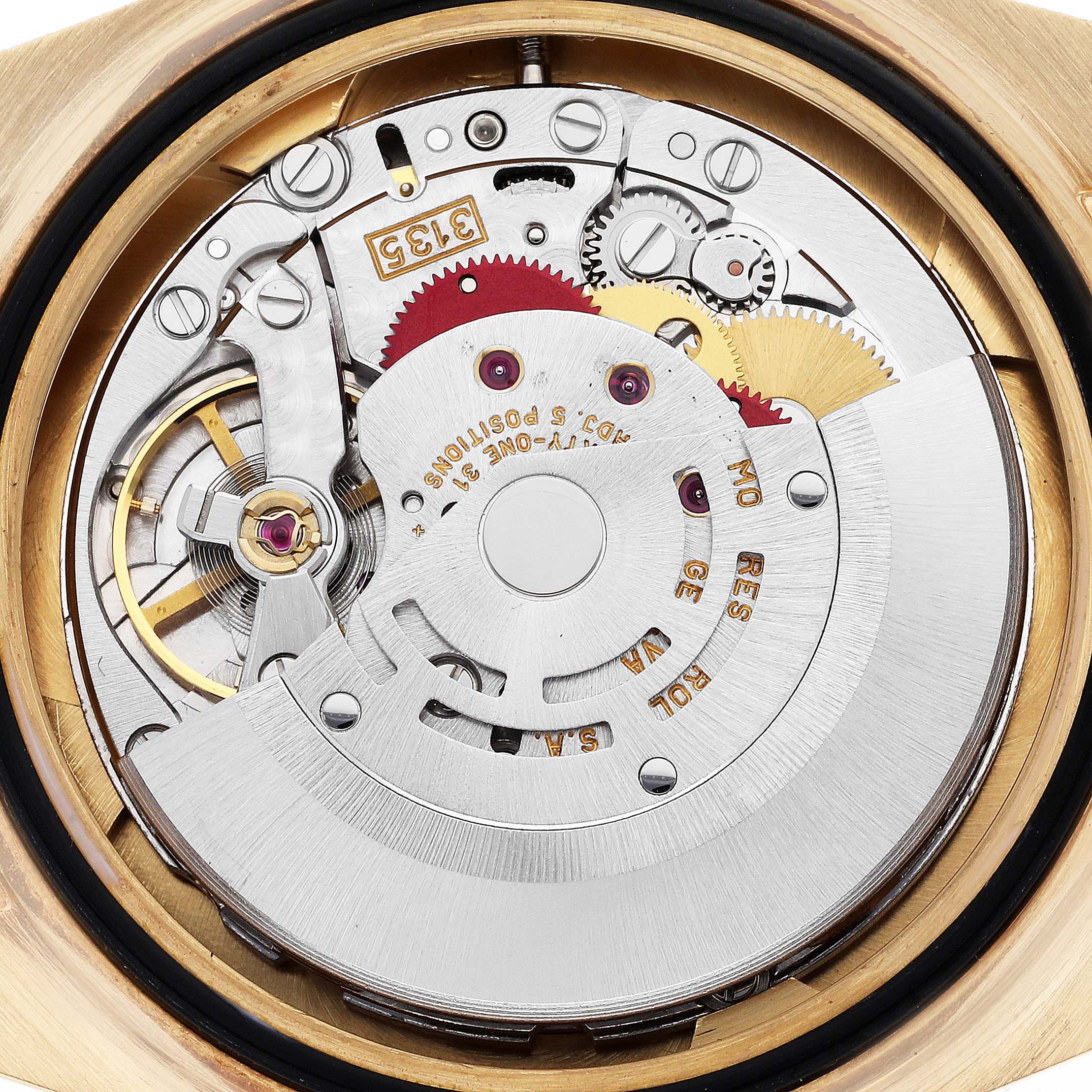This image shows the intricate internal mechanism of a Rolex Yacht-Master 16628 Men's Yellow Gold White Dial 16628 Men's Yellow Gold White Dial watch, viewed from the back with the case removed.