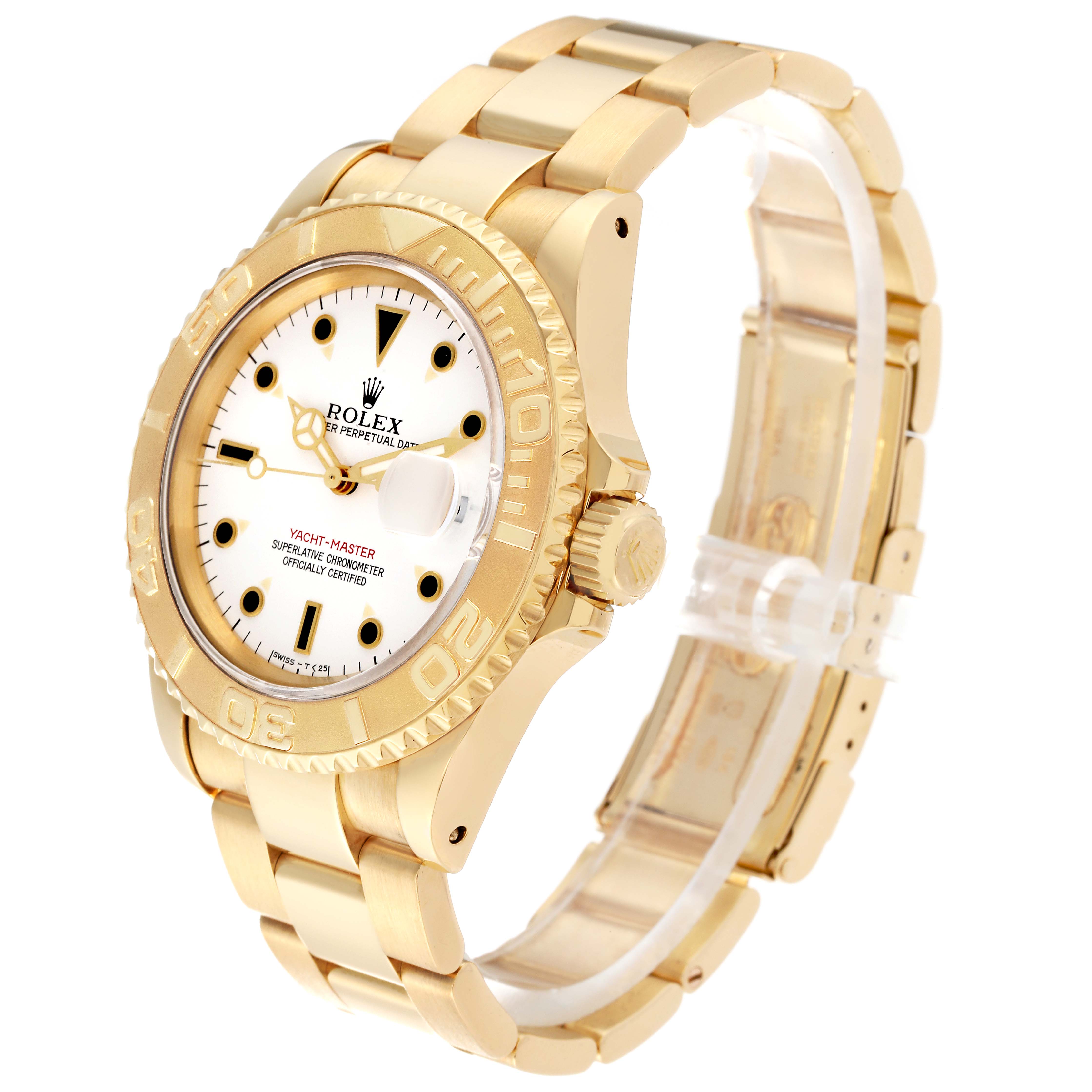 This image shows the Rolex Yacht-Master 16628 Men's Yellow Gold White Dial 16628 Men's Yellow Gold White Dial watch from an angled side view, highlighting the bezel, face, crown, and bracelet.