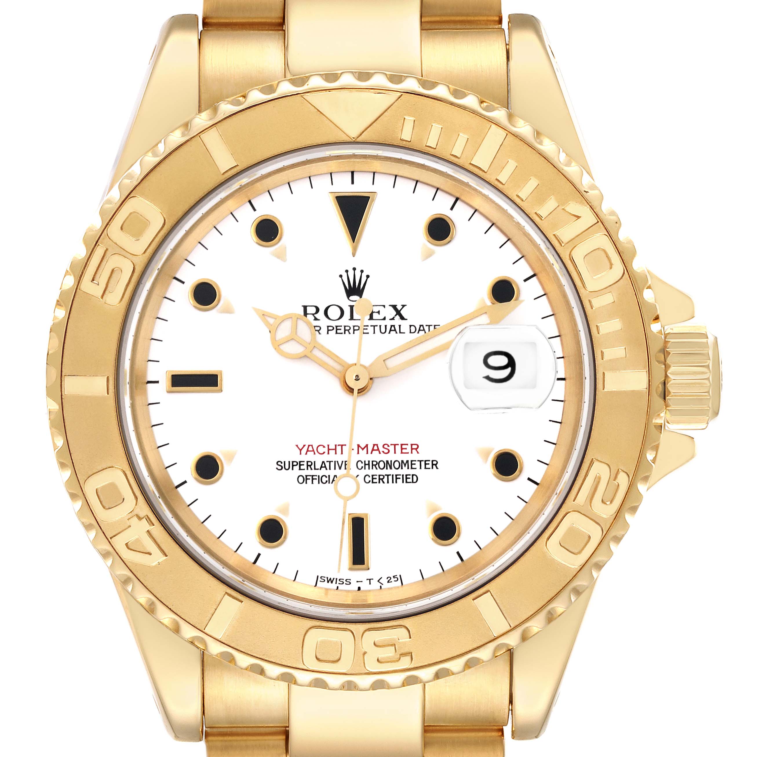 This image shows a front view of a Rolex Yacht-Master 16628 Men's Yellow Gold White Dial 16628 Men's Yellow Gold White Dial watch, highlighting the gold bezel, crown, white dial, and bracelet.