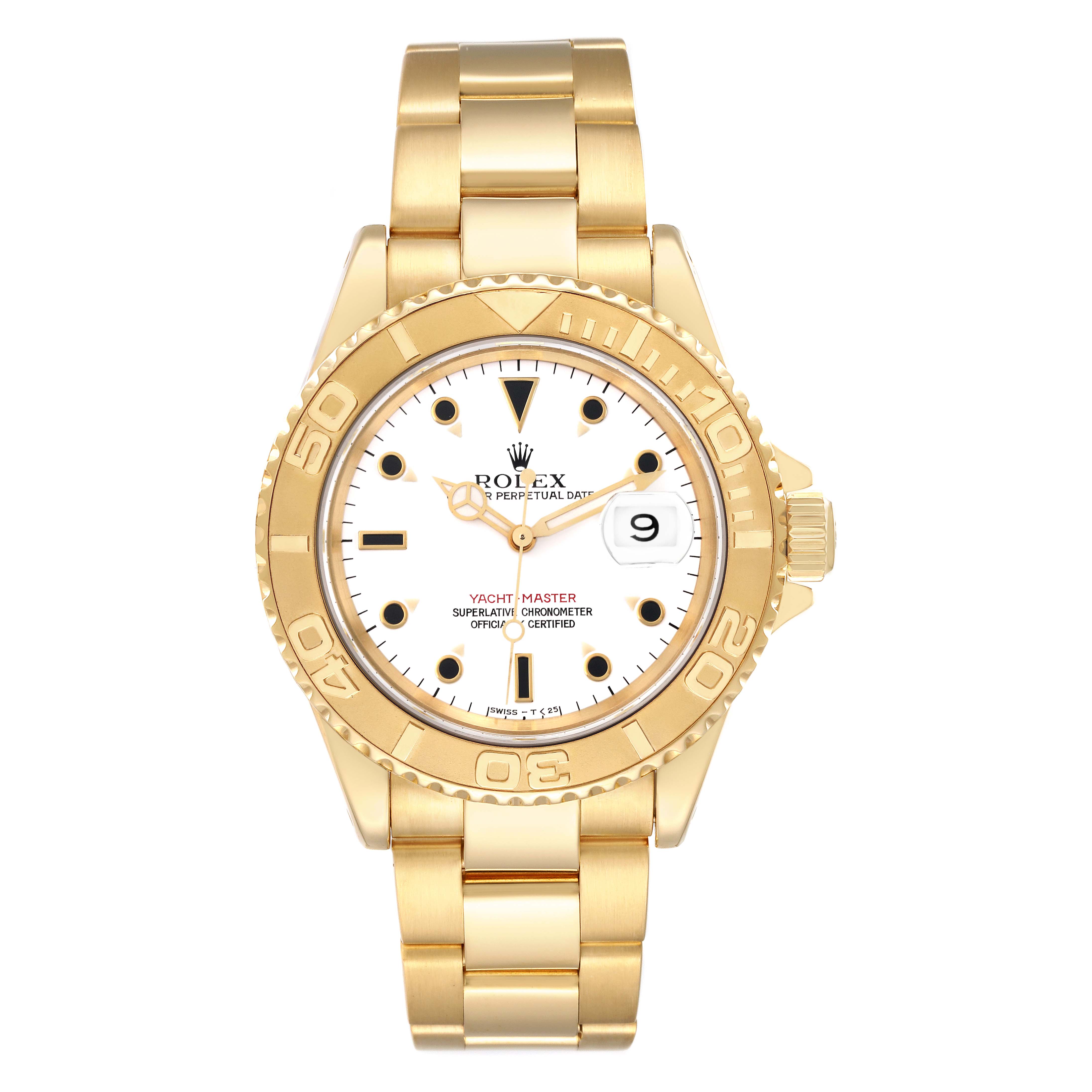 The Rolex Yacht-Master 16628 Men's Yellow Gold White Dial 16628 Men's Yellow Gold White Dial watch is shown from a front angle, displaying its gold band, bezel, and white dial.