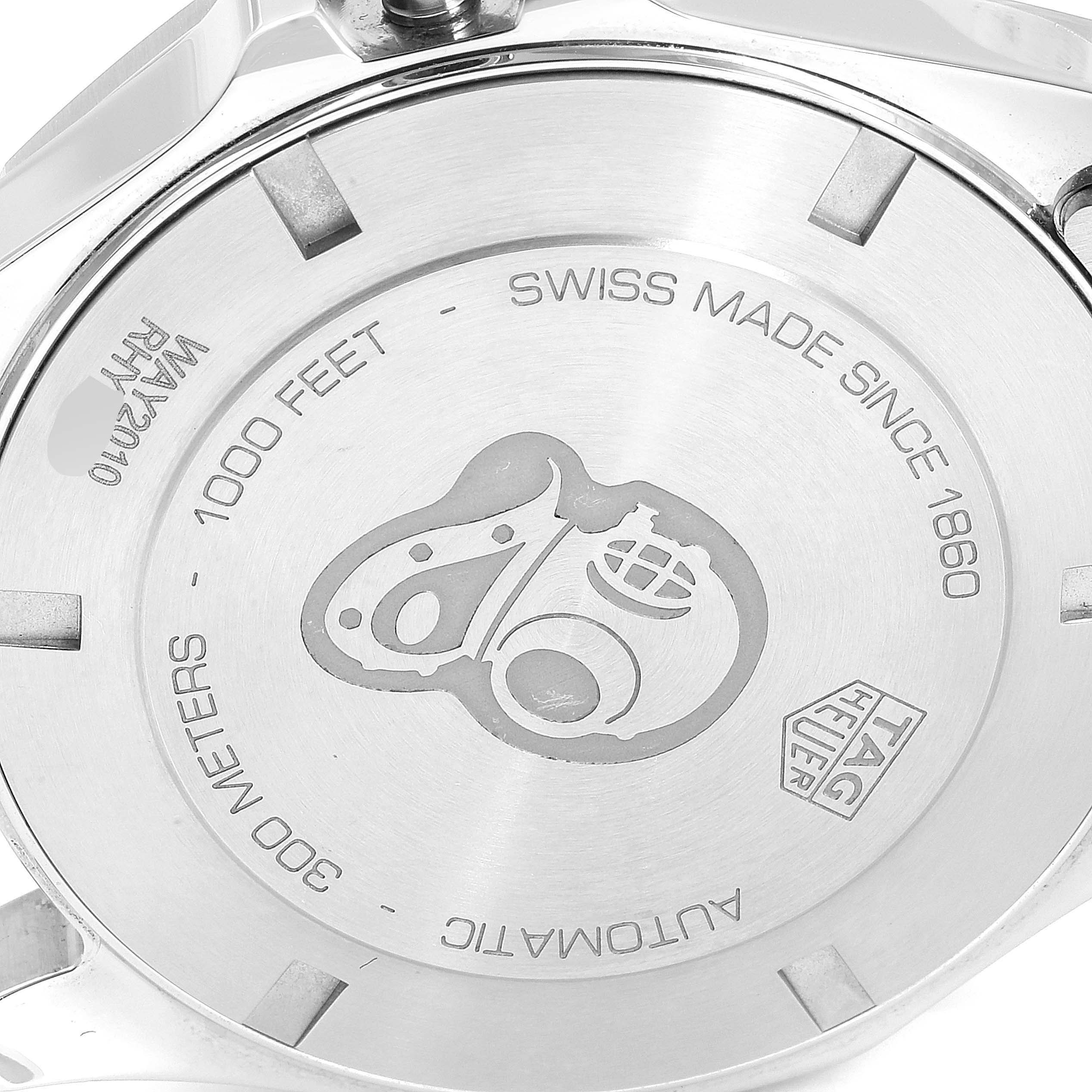 This image shows the back case of a Tag Heuer Aquaracer WAY2010.BA0927 Men
s Stainless Steel Black Dial WAY2010.BA0927 Men
s Stainless Steel Black Dial watch, highlighting its water resistance and branding details.