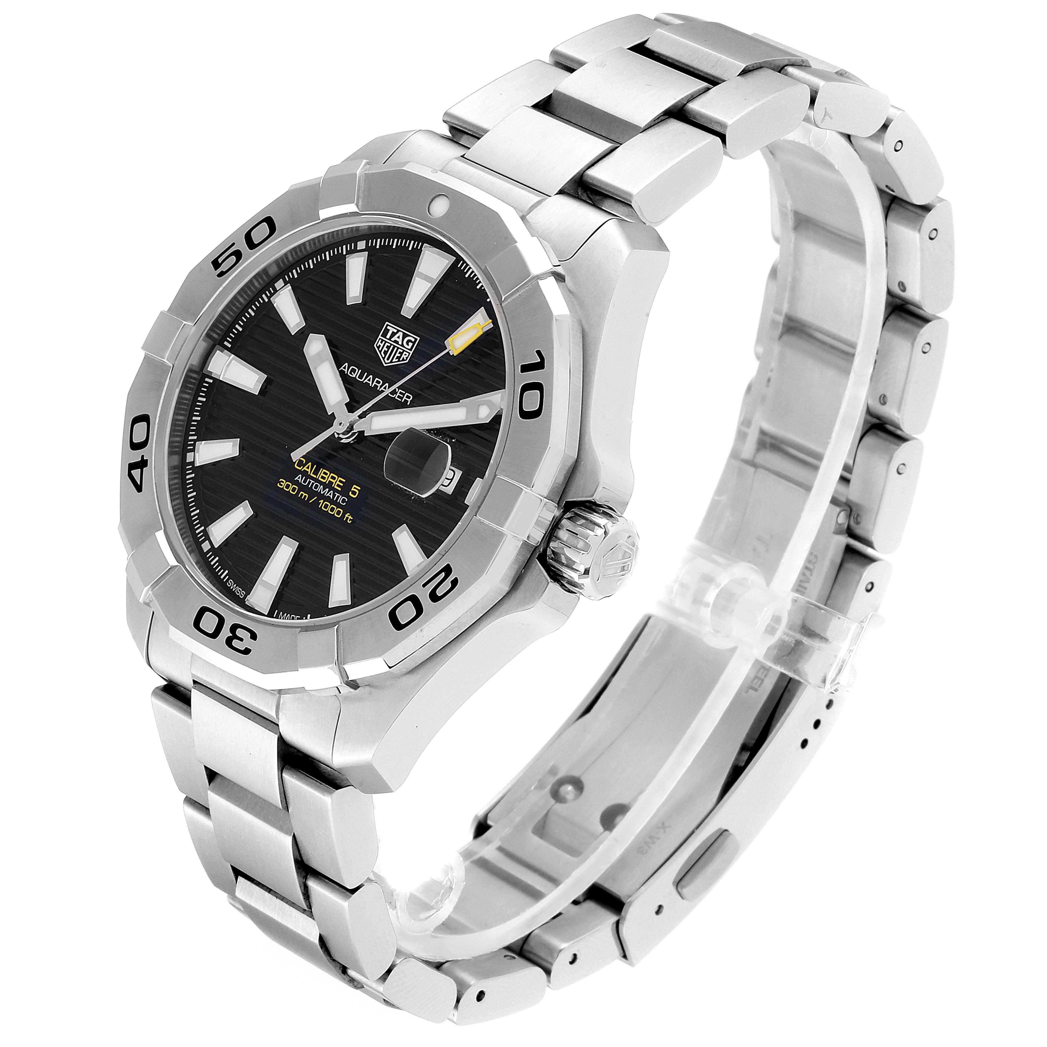 This image shows a Tag Heuer Aquaracer WAY2010.BA0927 Men
s Stainless Steel Black Dial WAY2010.BA0927 Men
s Stainless Steel Black Dial watch at a three-quarter angle, displaying its bezel, crown, dial, and bracelet.