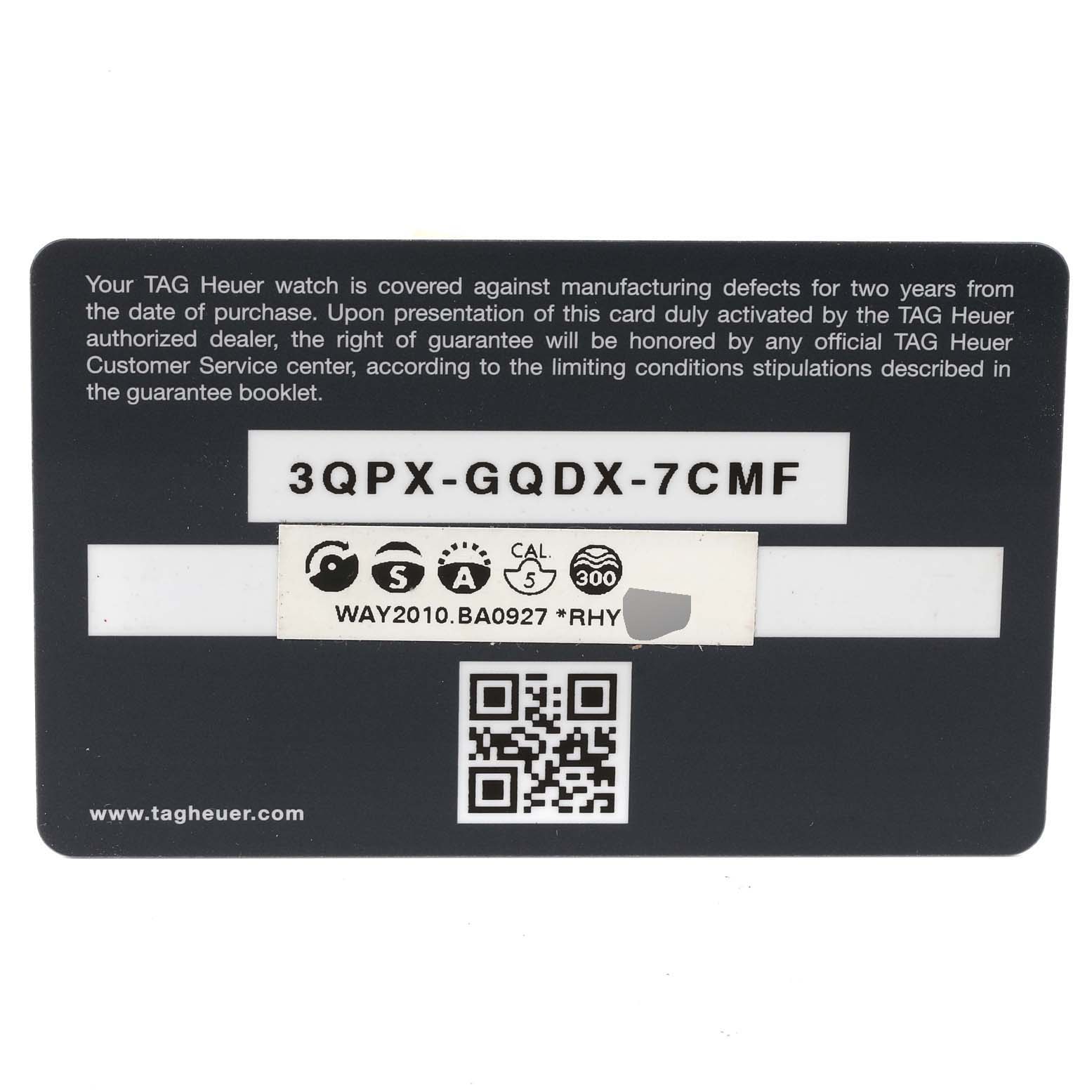 The image shows a warranty card for the Tag Heuer Aquaracer WAY2010.BA0927 Men
s Stainless Steel Black Dial WAY2010.BA0927 Men
s Stainless Steel Black Dial model WAY2010.BA0927.