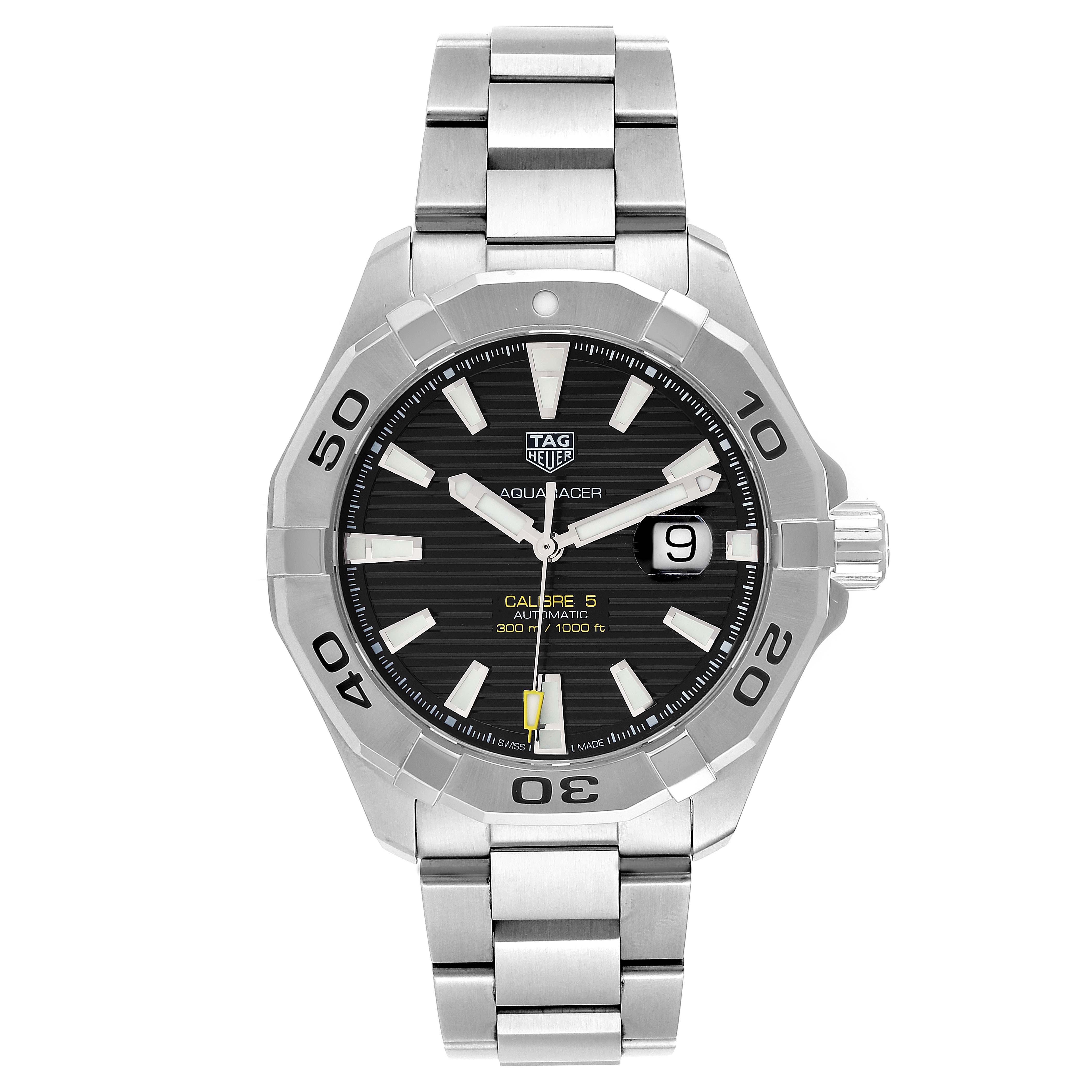 The image shows a frontal view of a Tag Heuer Aquaracer WAY2010.BA0927 Men
s Stainless Steel Black Dial WAY2010.BA0927 Men
s Stainless Steel Black Dial watch, displaying the dial, bezel, bracelet, and crown.