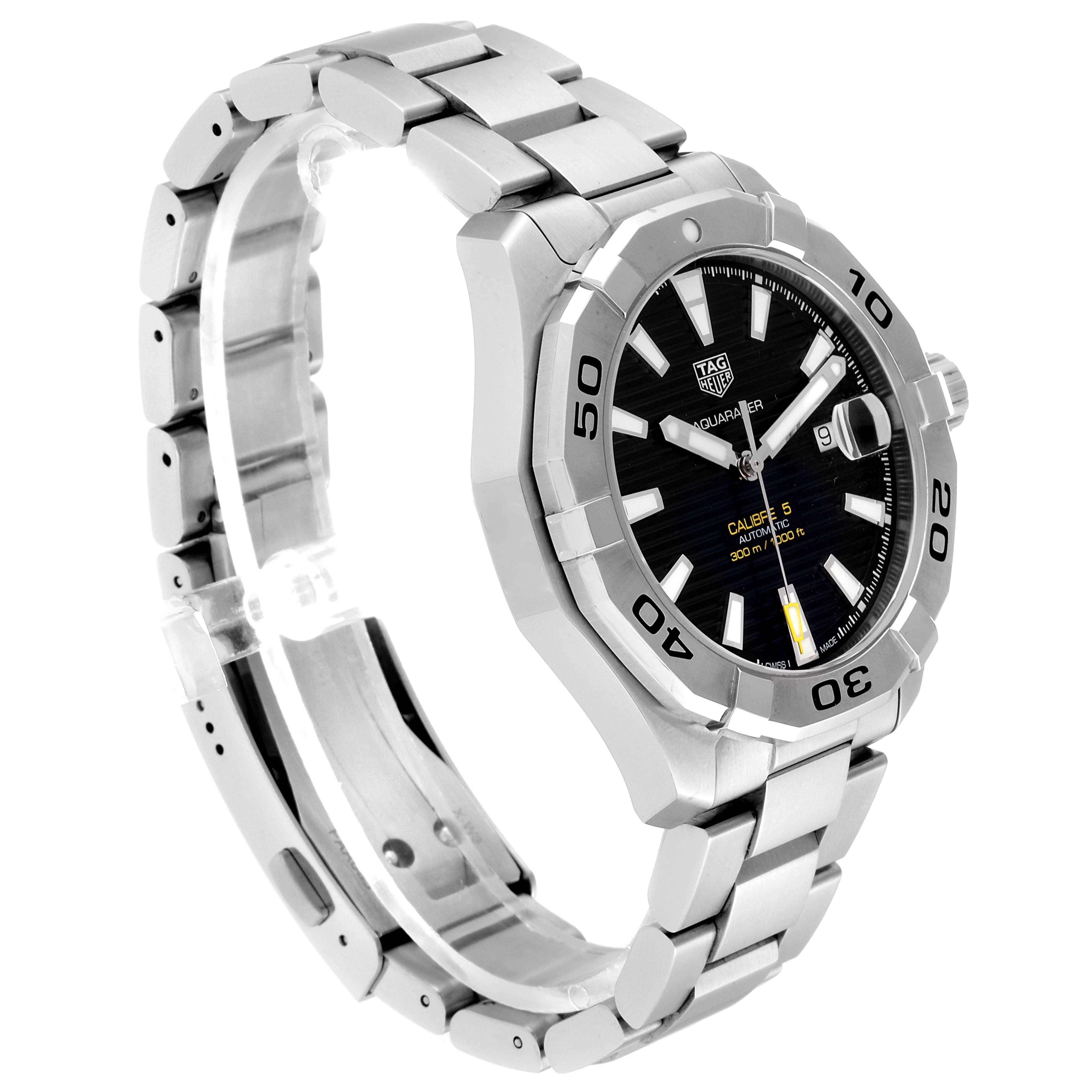 The Tag Heuer Aquaracer WAY2010.BA0927 Men
s Stainless Steel Black Dial WAY2010.BA0927 Men
s Stainless Steel Black Dial watch is shown from a three-quarter angle, displaying its face, bezel, and stainless steel bracelet.
