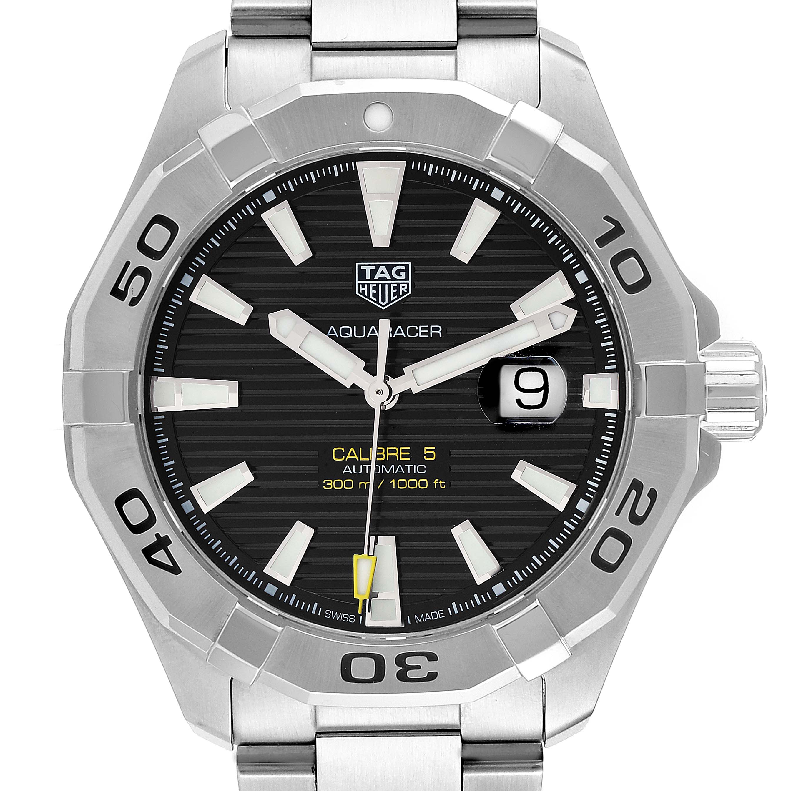 This image shows a front view of a Tag Heuer Aquaracer WAY2010.BA0927 Men
s Stainless Steel Black Dial WAY2010.BA0927 Men
s Stainless Steel Black Dial watch, highlighting the dial, bezel, hands, and part of the metal strap.
