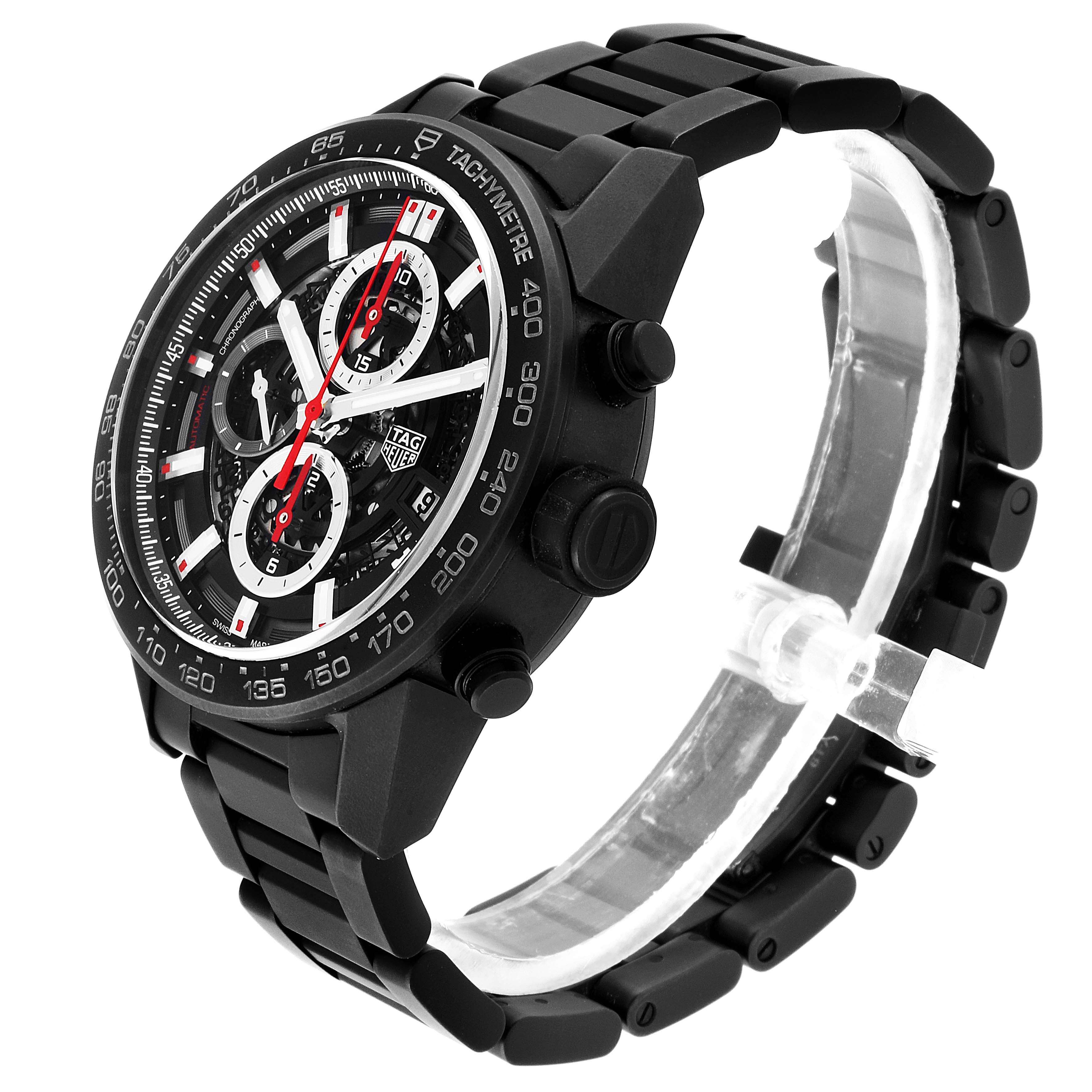 This image shows a side angle of the Tag Heuer Carrera CAR2090.BH0729 Men's Titanium Black Dial CAR2090.BH0729 Men's Titanium Black Dial model watch, highlighting its face, buttons, and black metal bracelet.