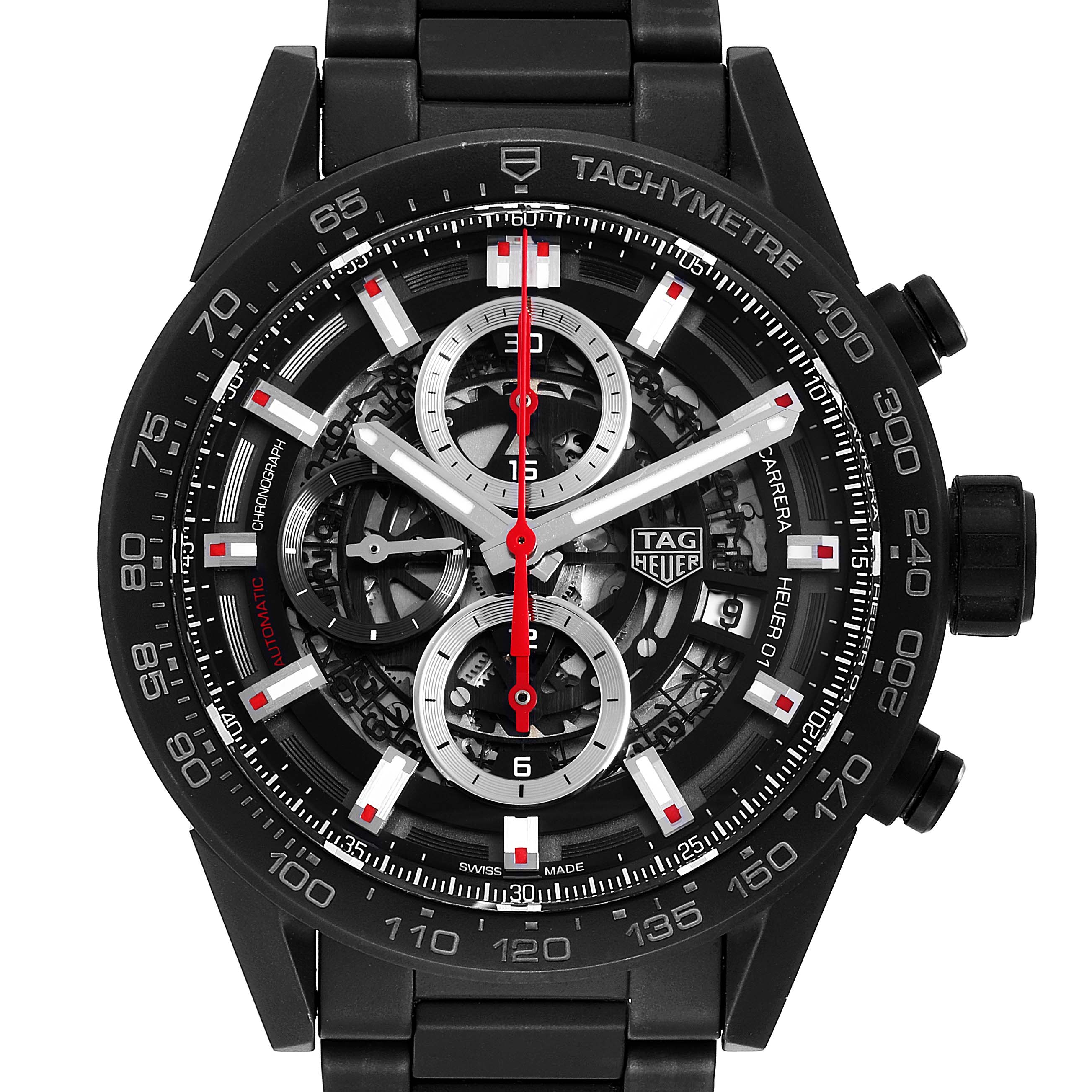 The image shows a front view of the Tag Heuer Carrera CAR2090.BH0729 Men's Titanium Black Dial CAR2090.BH0729 Men's Titanium Black Dial model watch, highlighting its dial, chronograph subdials, and tachymeter bezel.