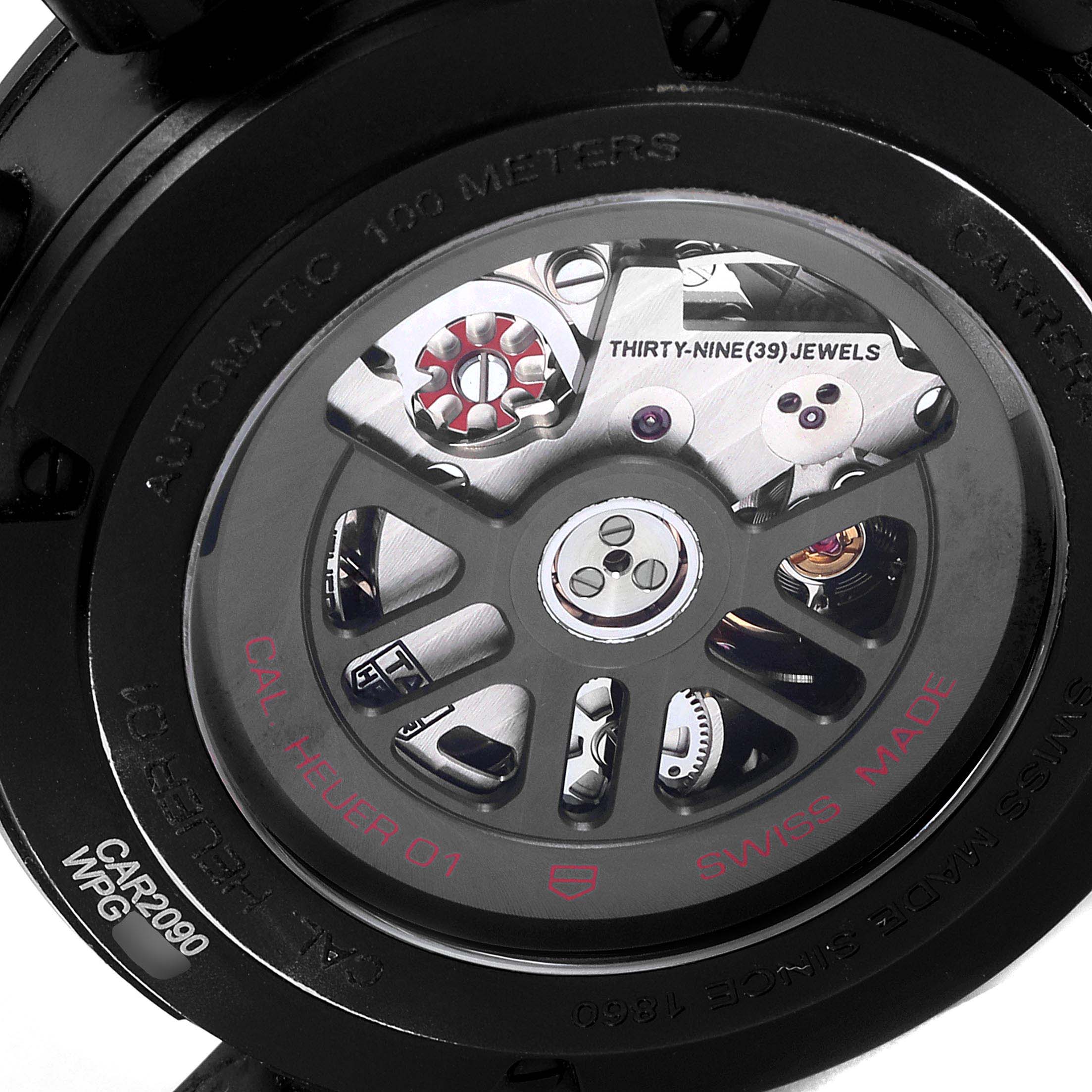 This image shows the back of the Tag Heuer Carrera CAR2090.BH0729 Men's Titanium Black Dial CAR2090.BH0729 Men's Titanium Black Dial watch, revealing the internal mechanism and jewels.