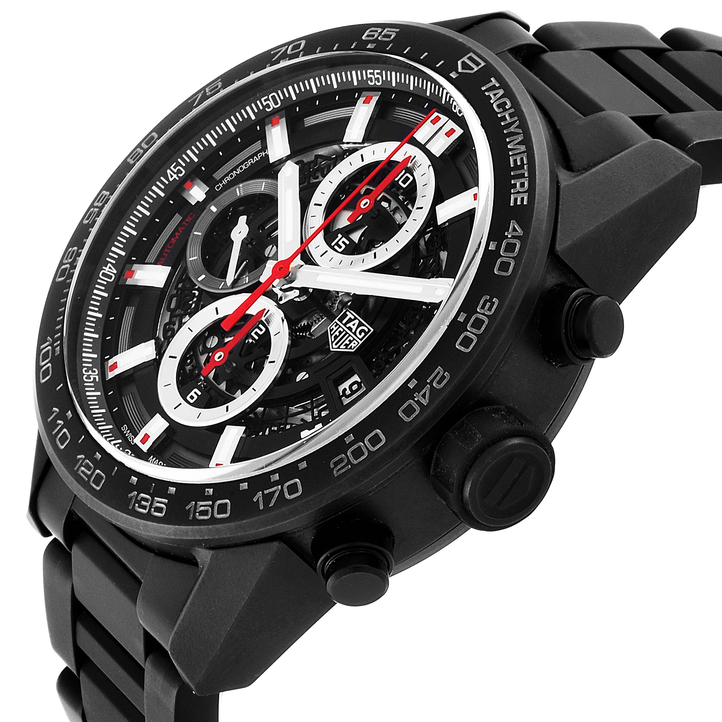 The image shows a side angle of the Tag Heuer Carrera CAR2090.BH0729 Men's Titanium Black Dial CAR2090.BH0729 Men's Titanium Black Dial watch, highlighting its black case, dial, and tachymeter bezel.