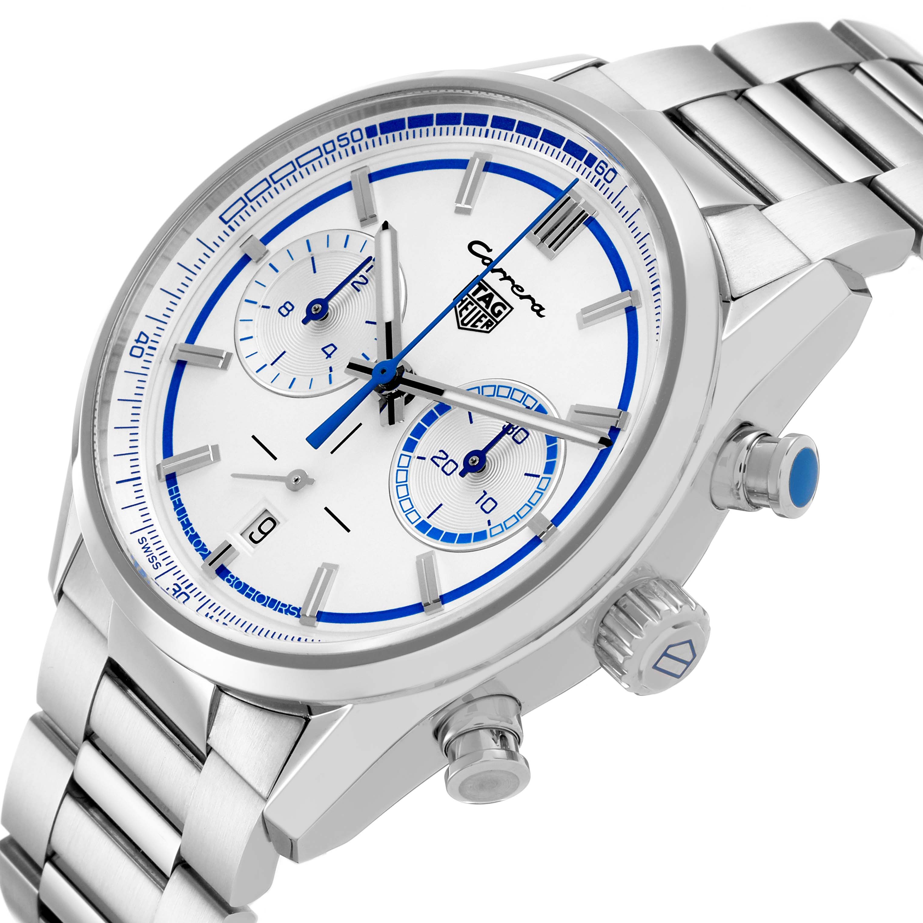 The Tag Heuer Carrera CBN2016.EB0275 Men's Stainless Steel White Dial watch is shown at an angled side view, displaying the dial, pushers, crown, and bracelet.