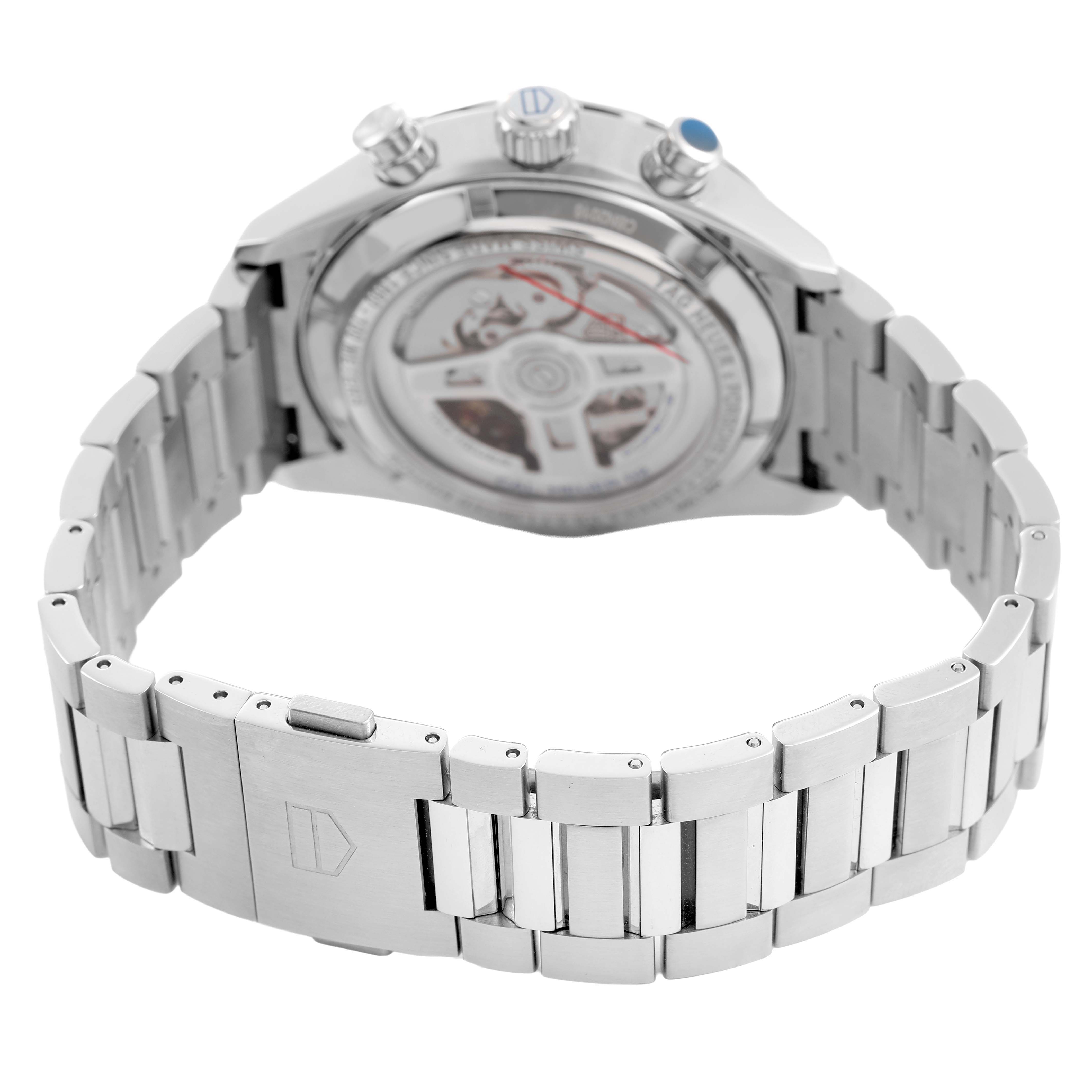 The image shows the back of the Tag Heuer Carrera CBN2016.EB0275 Men's Stainless Steel White Dial watch, highlighting the bracelet and transparent case back.