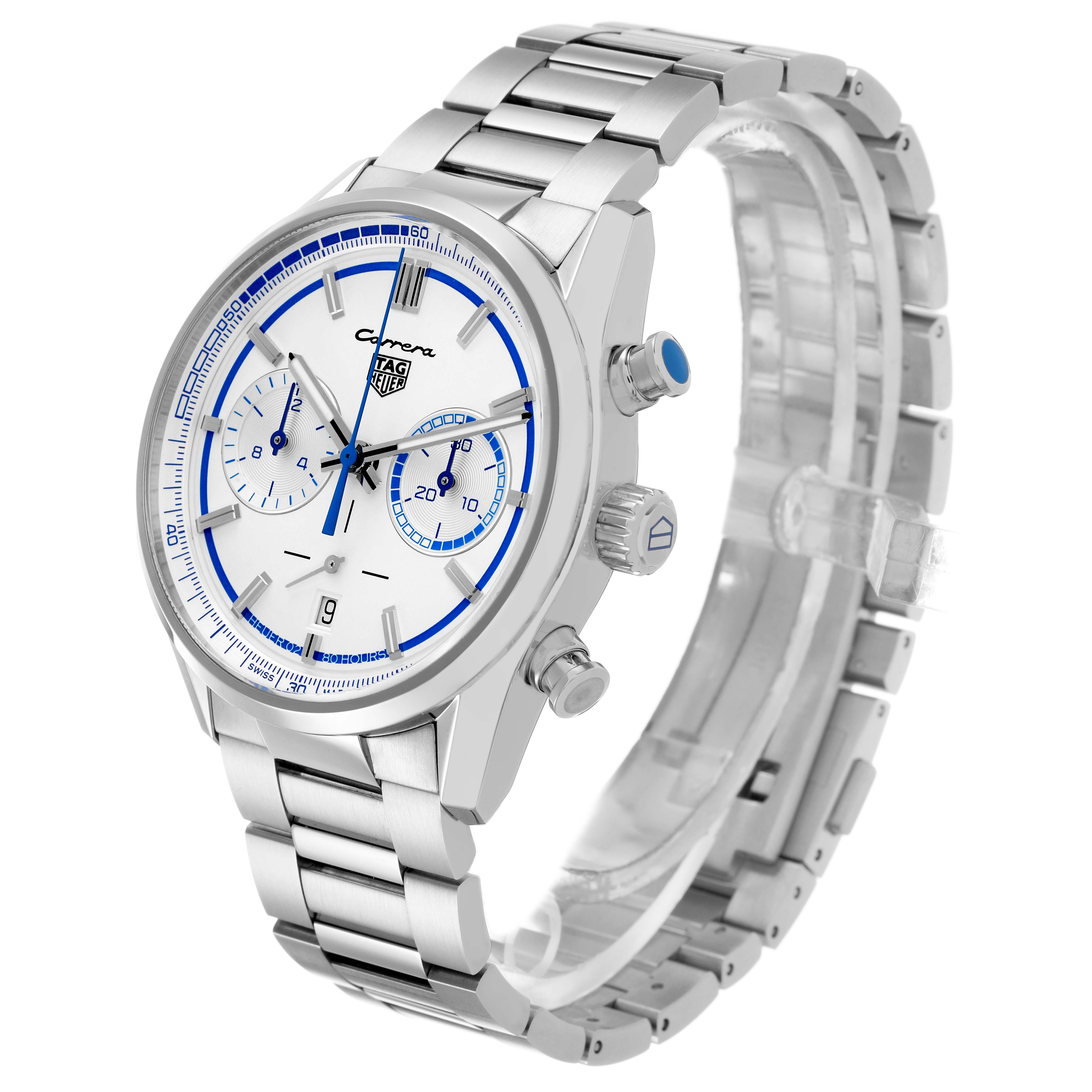 The Tag Heuer Carrera CBN2016.EB0275 Men's Stainless Steel White Dial watch is shown at a three-quarter angle, highlighting the face, bezel, pushers, crown, and bracelet.