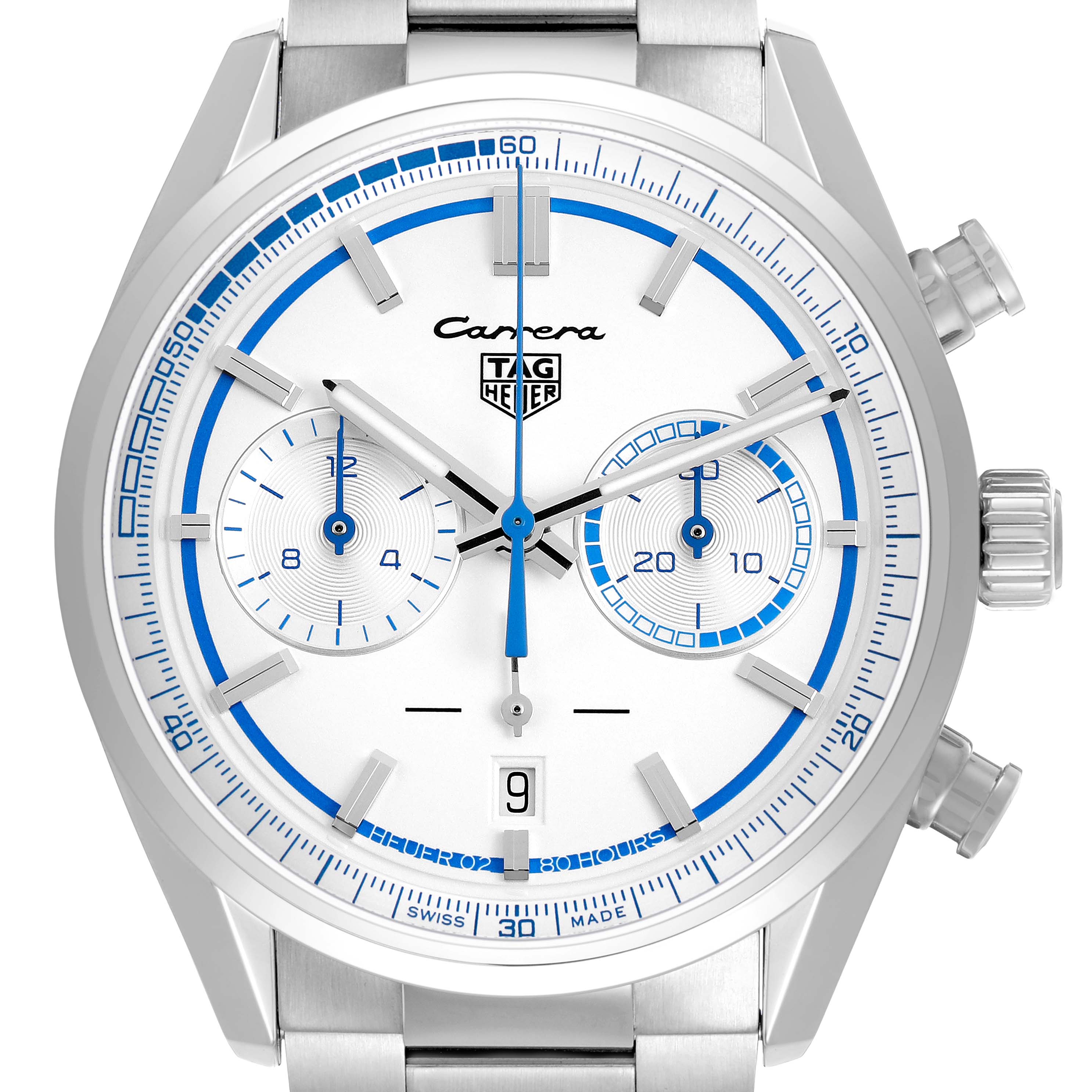 The Tag Heuer Carrera CBN2016.EB0275 Men's Stainless Steel White Dial watch is shown from the front, highlighting its dial, subdials, hands, date window, and crown.