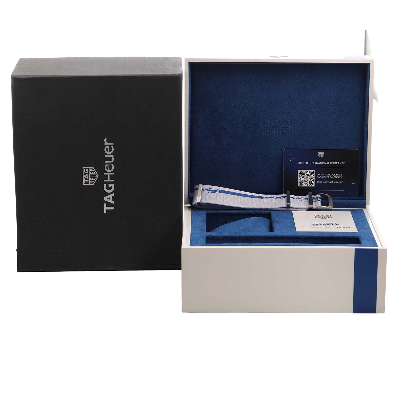 The image shows a Tag Heuer Carrera CBN2016.EB0275 Men's Stainless Steel White Dial watch box with a strap, warranty card, and documentation present.
