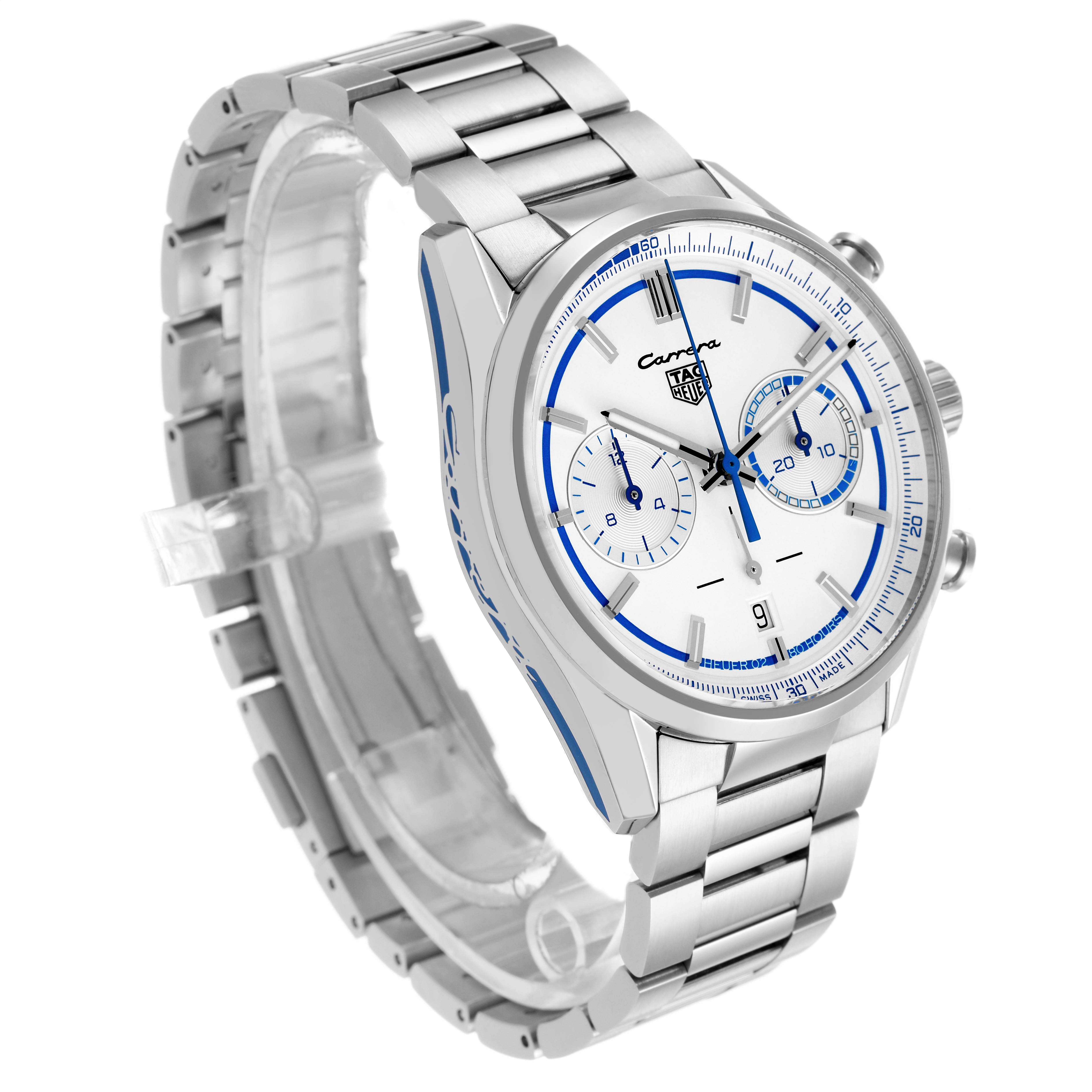 The Tag Heuer Carrera CBN2016.EB0275 Men's Stainless Steel White Dial watch is shown at a three-quarter angle, highlighting the dial, case, and bracelet.