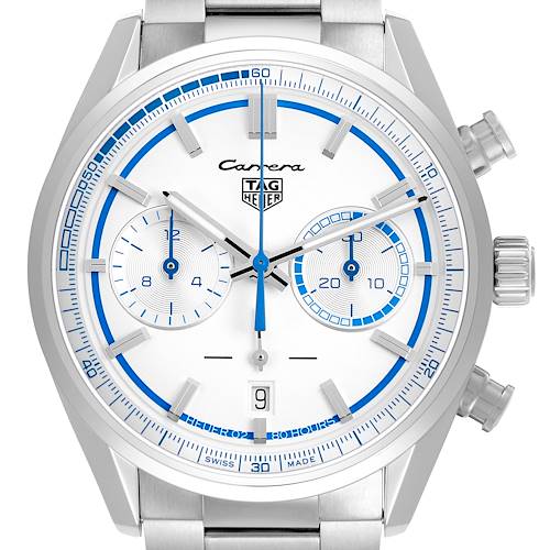 The Tag Heuer Carrera CBN2016.EB0275 Men's Stainless Steel White Dial watch is shown from a front angle, highlighting its dial, subdials, and crown.