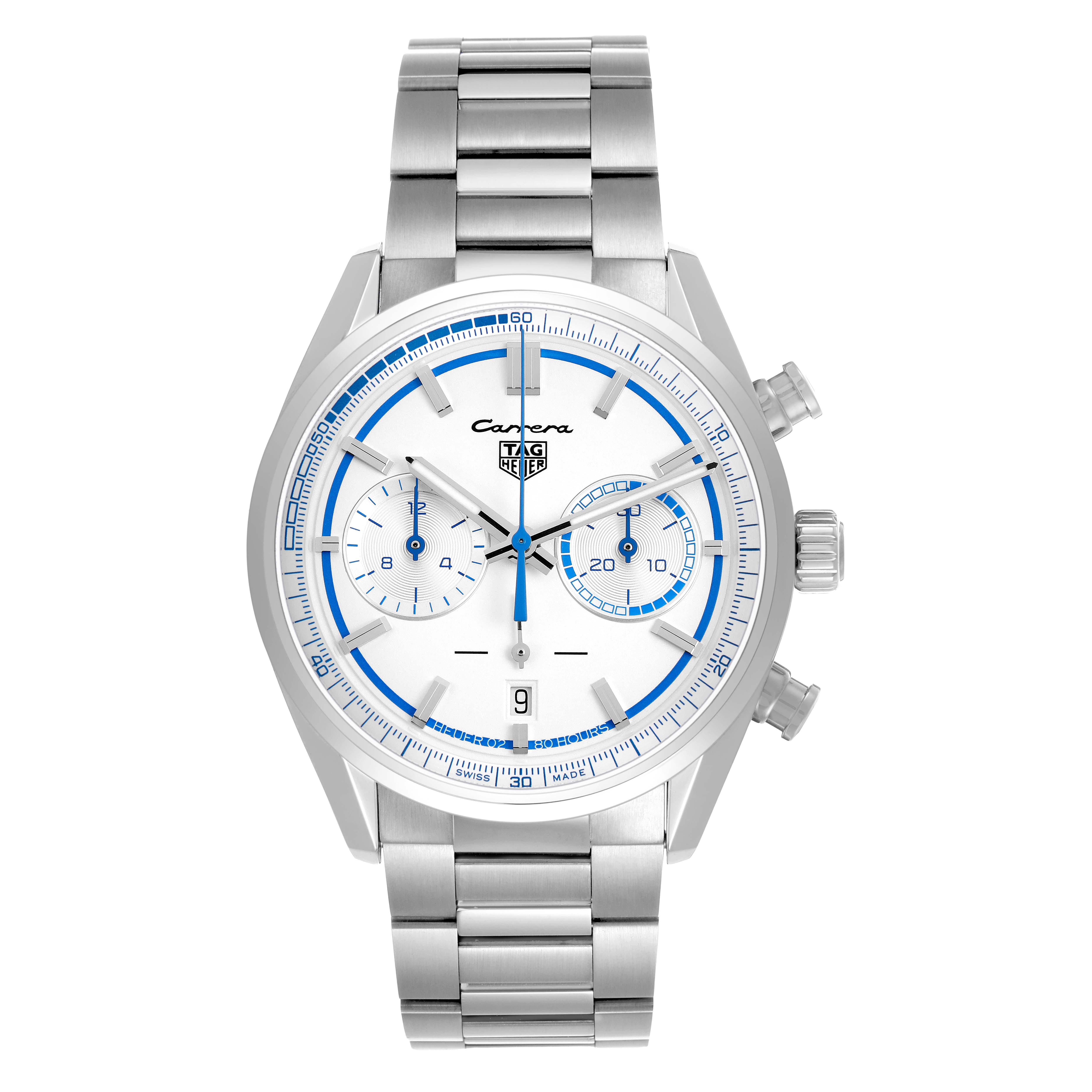 The Tag Heuer Carrera CBN2016.EB0275 Men's Stainless Steel White Dial watch is shown from the front, highlighting the dial, bezel, pushers, and metal bracelet.