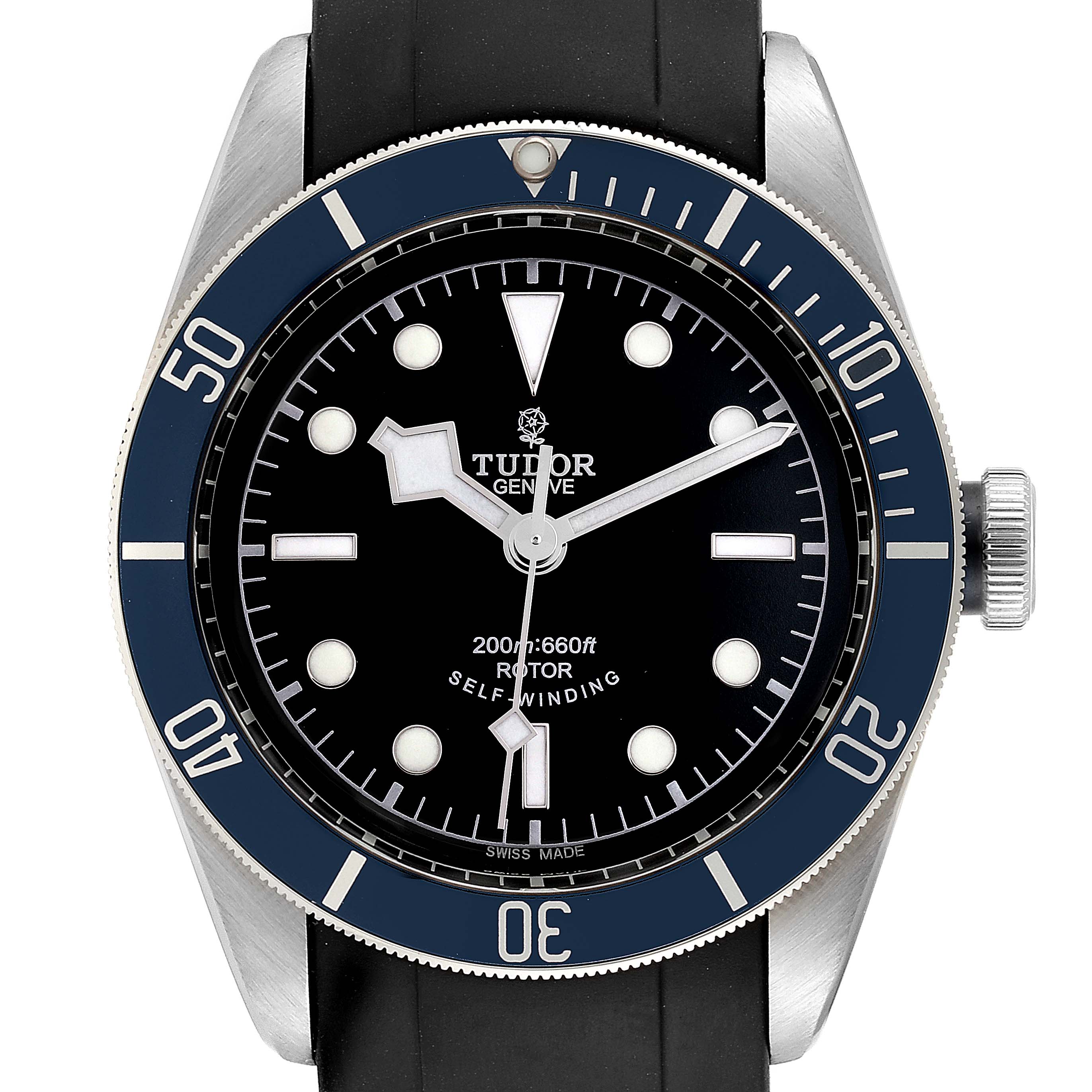 The image shows a front view of the Tudor Heritage Black Bay 79220 Men
s Stainless Steel Black Dial 79220 Men
s Stainless Steel Black Dial watch, highlighting its dial, bezel, and crown.