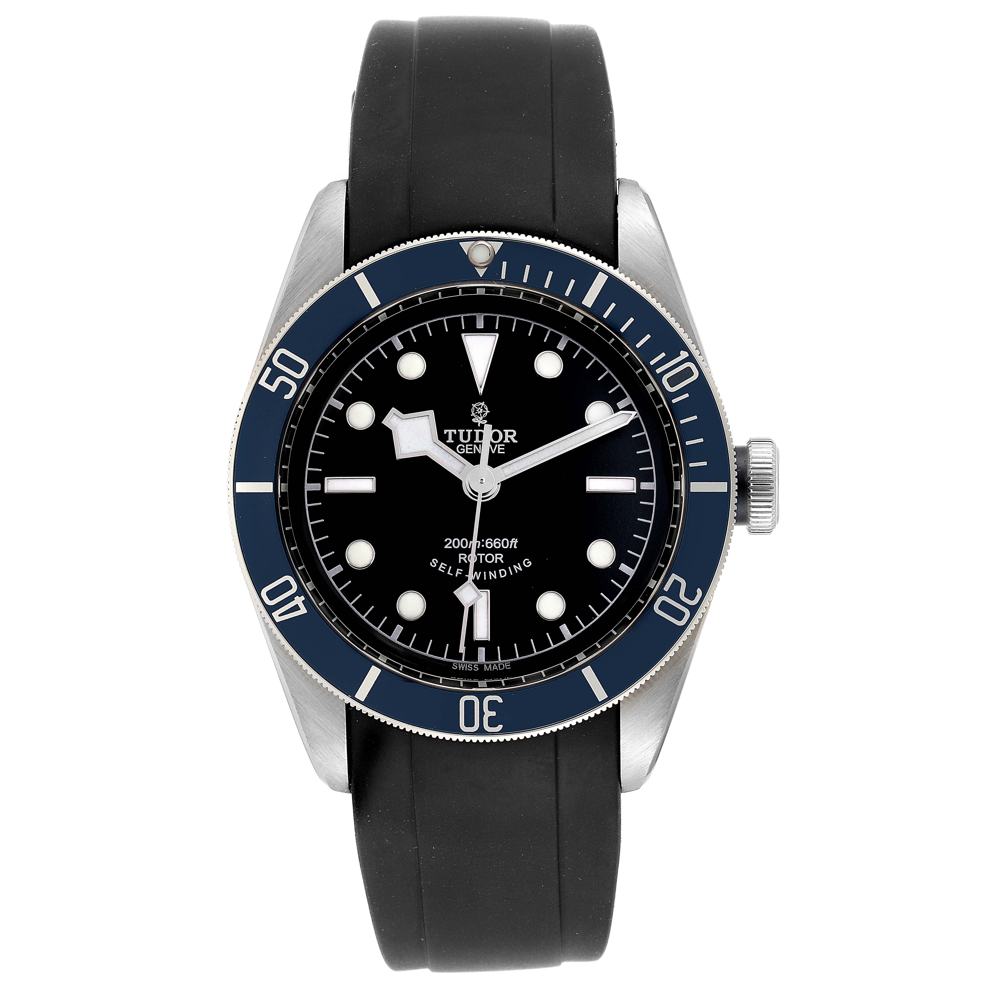 This image shows a front view of the Tudor Heritage Black Bay 79220 Men
s Stainless Steel Black Dial 79220 Men
s Stainless Steel Black Dial watch with a black dial, rubber strap, and rotating bezel.