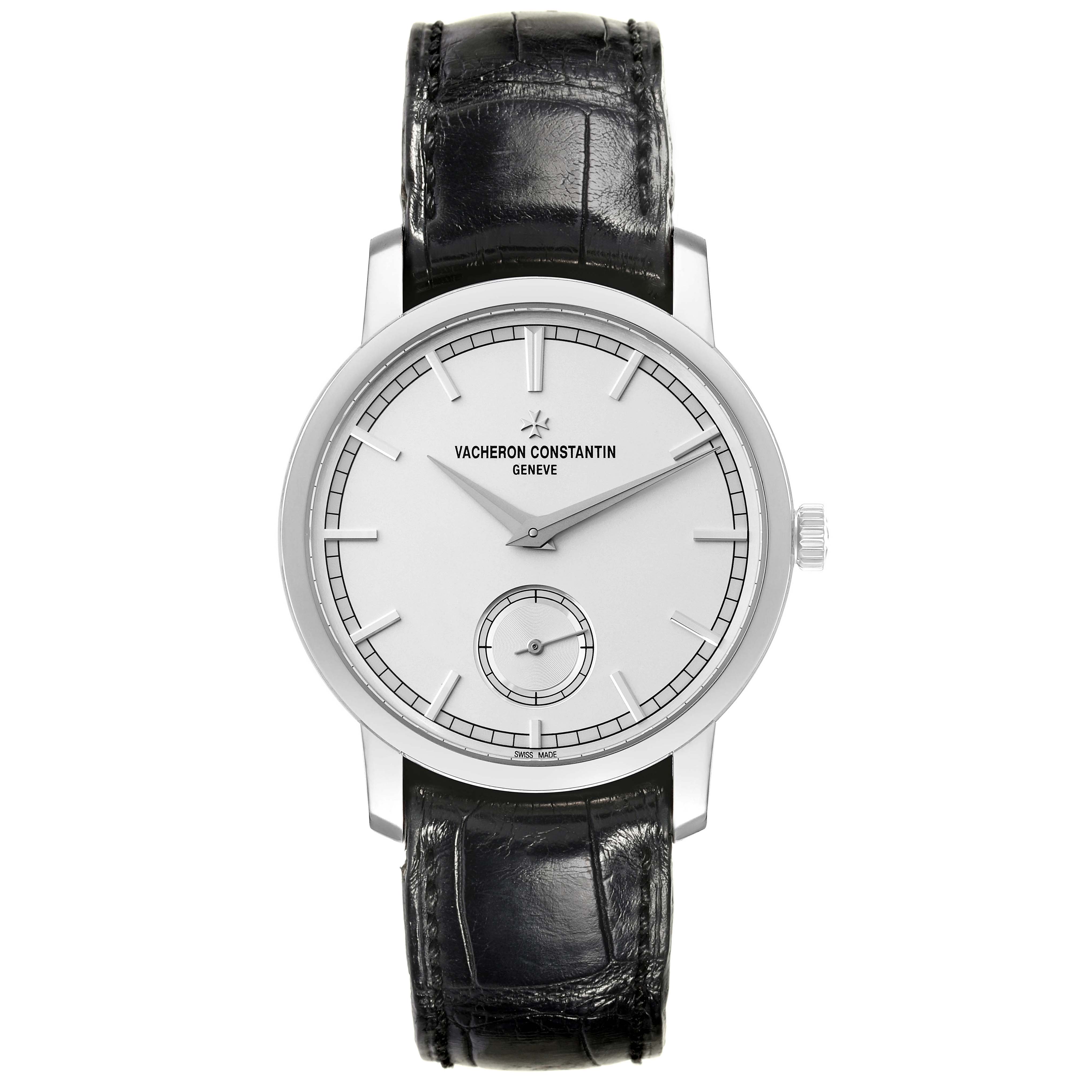 The Vacheron Constantin Traditionnelle 82172/000G Men's White Gold Silver Dial 82172/000G Men's White Gold Silver Dial watch is shown from a front angle, displaying the dial, case, and black leather strap.