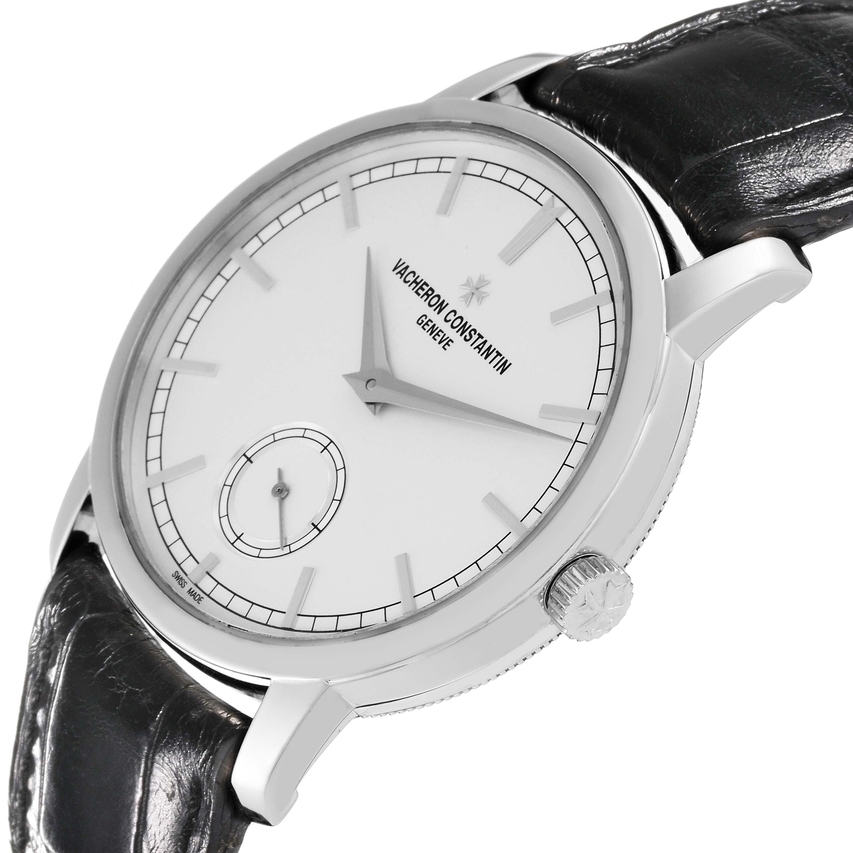 The Vacheron Constantin Traditionnelle 82172/000G Men's White Gold Silver Dial 82172/000G Men's White Gold Silver Dial watch is shown at an angled close-up, displaying the face, crown, and leather strap.