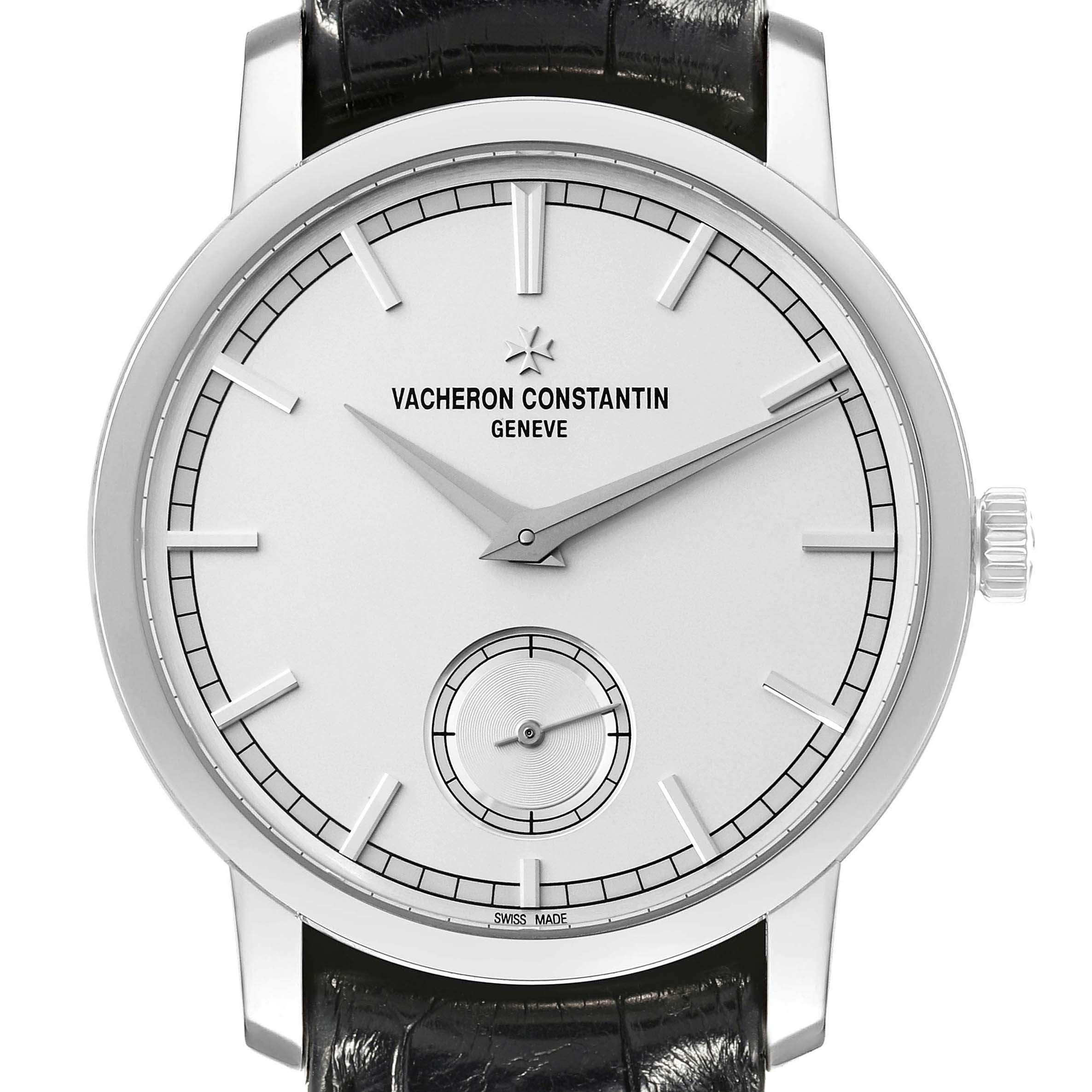 The Vacheron Constantin Traditionnelle 82172/000G Men's White Gold Silver Dial 82172/000G Men's White Gold Silver Dial watch is shown from the front, highlighting its dial, hands, markers, and part of the strap.