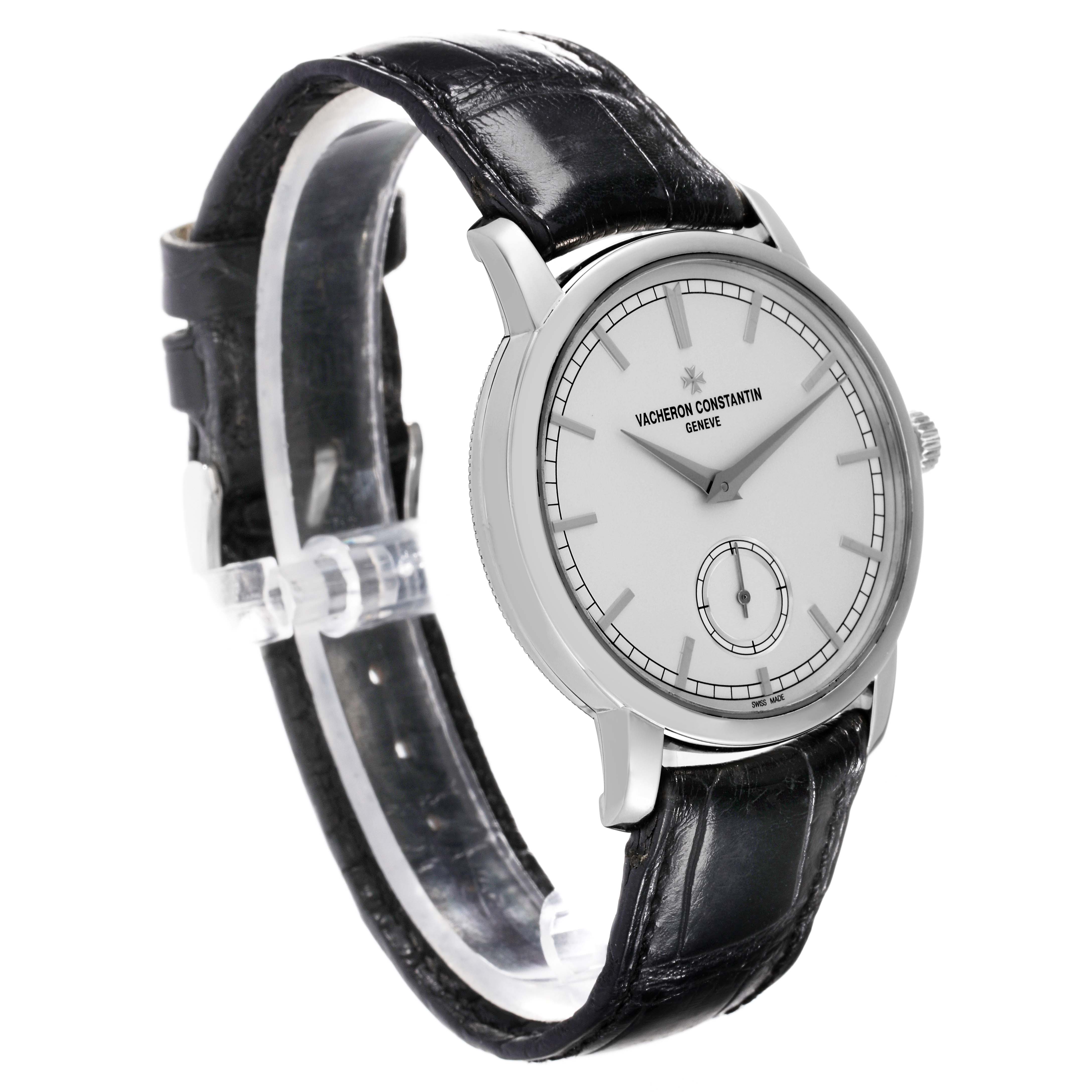 This Vacheron Constantin Traditionnelle 82172/000G Men's White Gold Silver Dial 82172/000G Men's White Gold Silver Dial watch is shown in a three-quarter angle, displaying the dial, case, and leather strap.