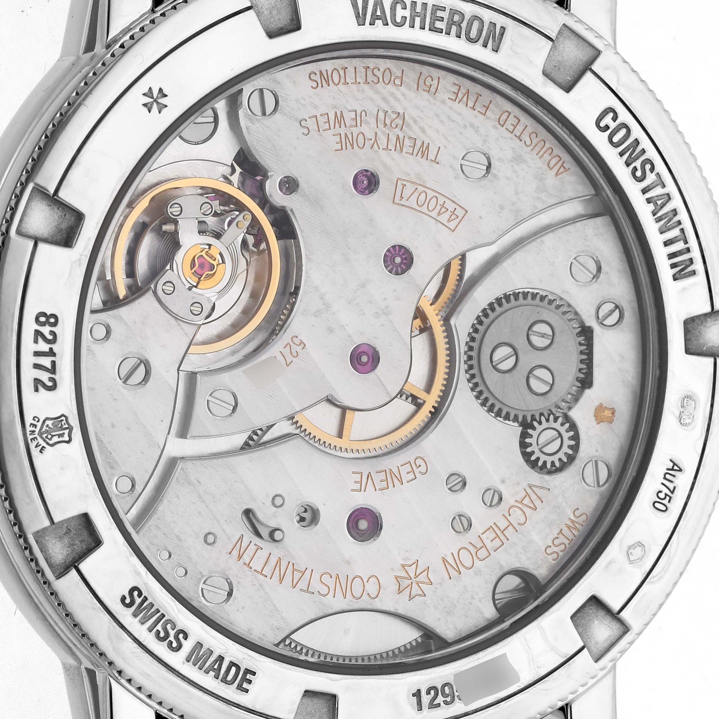 This image shows the back view of the Vacheron Constantin Traditionnelle 82172/000G Men's White Gold Silver Dial 82172/000G Men's White Gold Silver Dial watch, revealing its intricate movement.