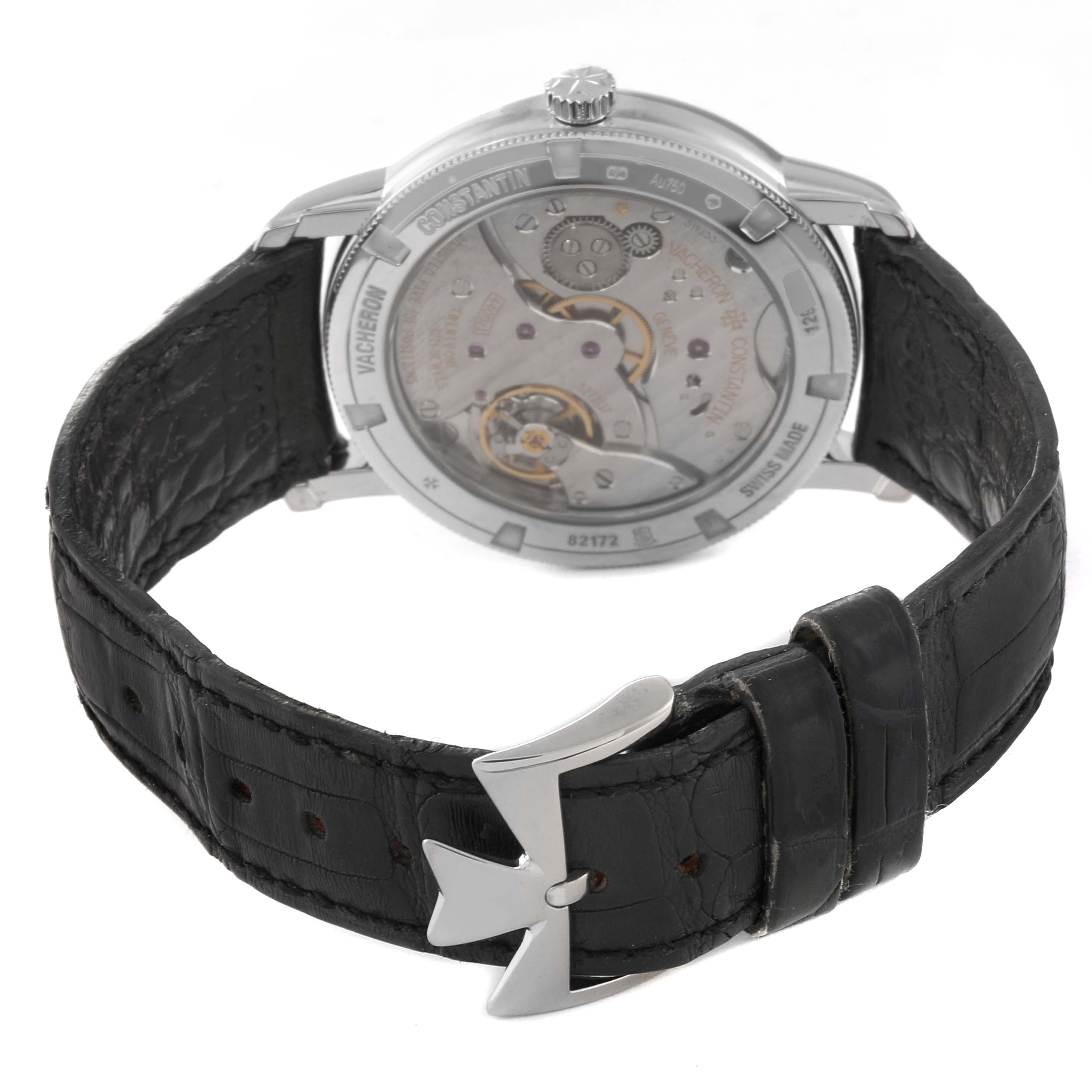 The image shows the back of the Vacheron Constantin Traditionnelle 82172/000G Men's White Gold Silver Dial 82172/000G Men's White Gold Silver Dial watch, highlighting the movement, crown, and black leather strap.
