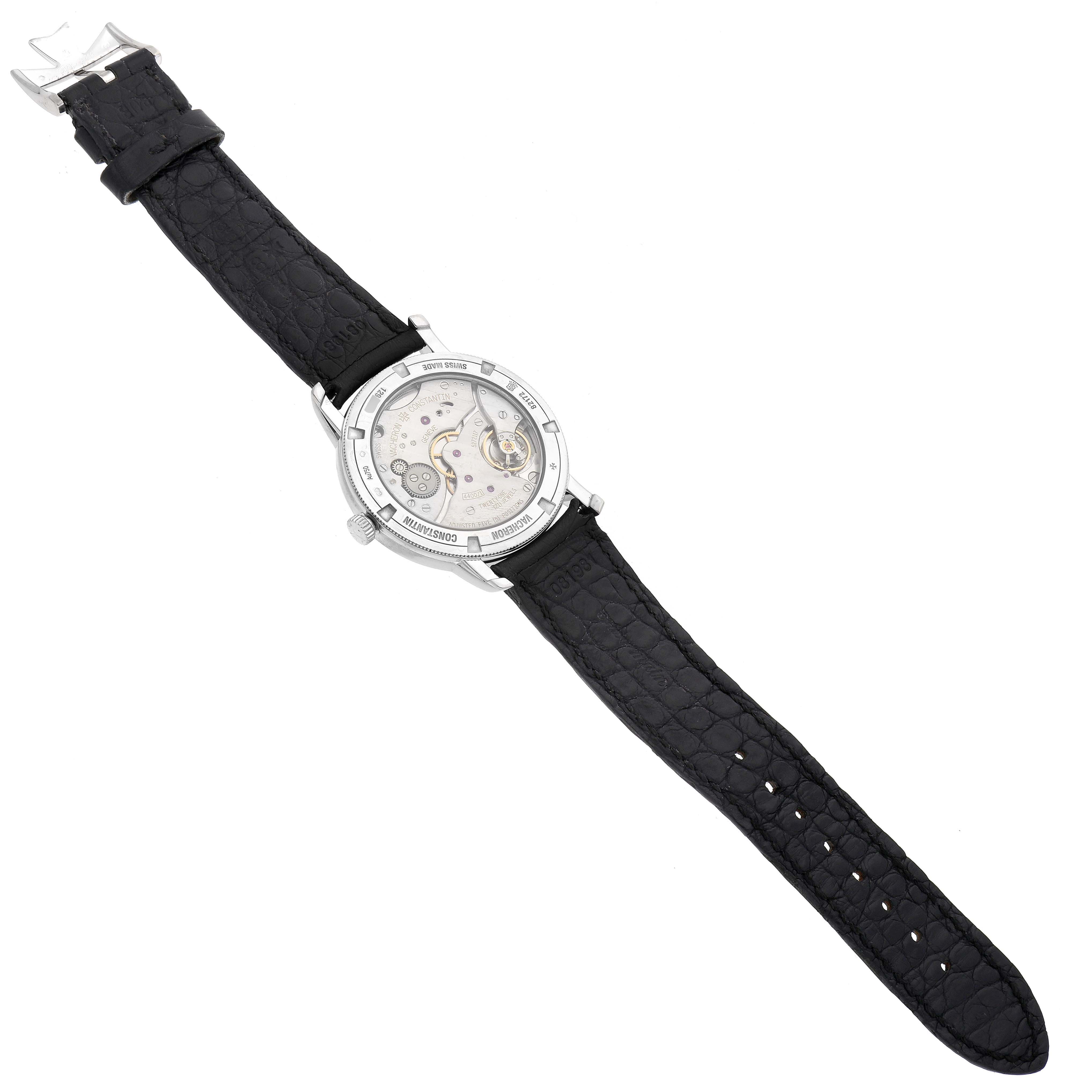 The image shows the back view of a Vacheron Constantin Traditionnelle 82172/000G Men's White Gold Silver Dial 82172/000G Men's White Gold Silver Dial watch, displaying the movement and black leather strap.