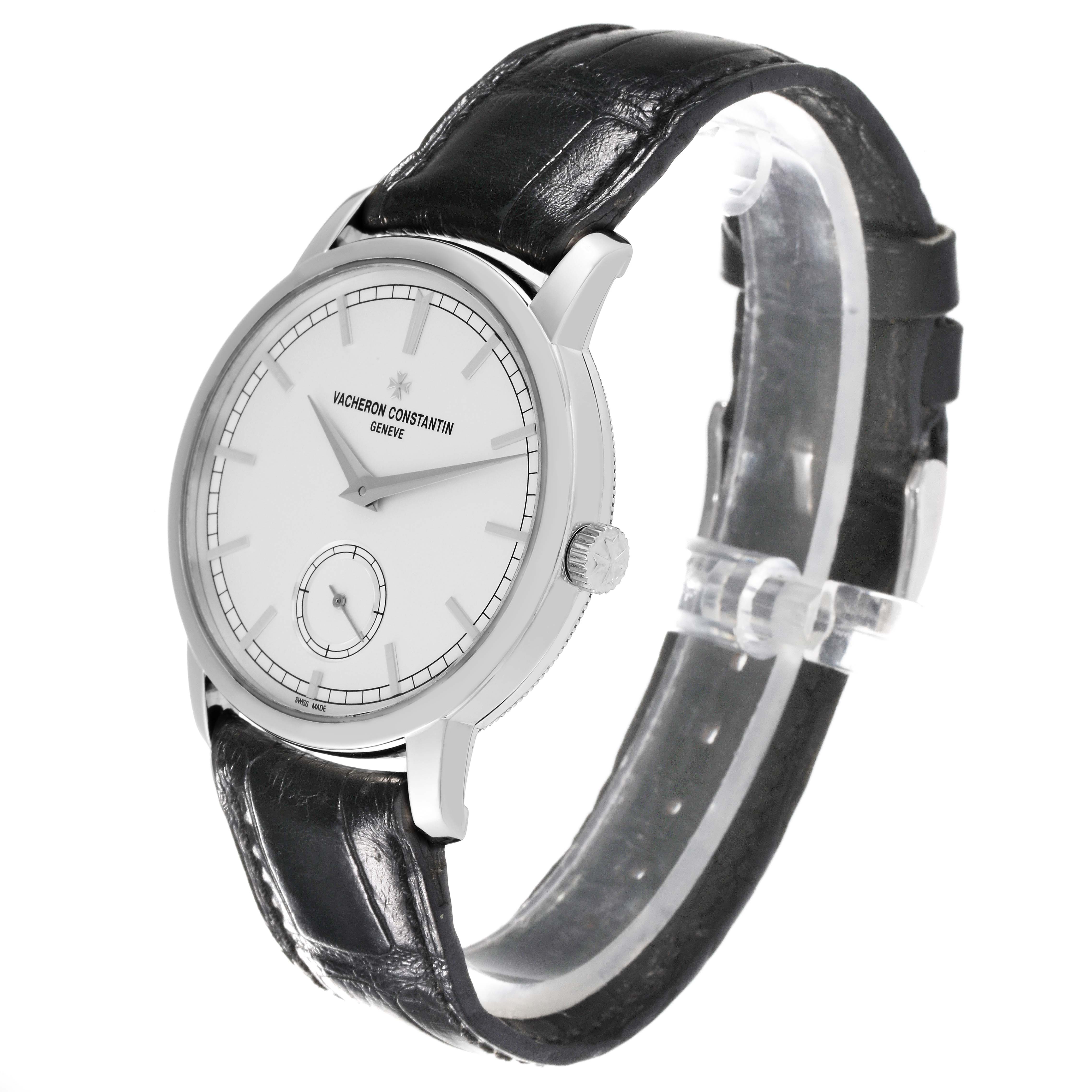The Vacheron Constantin Traditionnelle 82172/000G Men's White Gold Silver Dial 82172/000G Men's White Gold Silver Dial watch is shown at a slight angled side view, displaying the dial, case, crown, and leather strap.