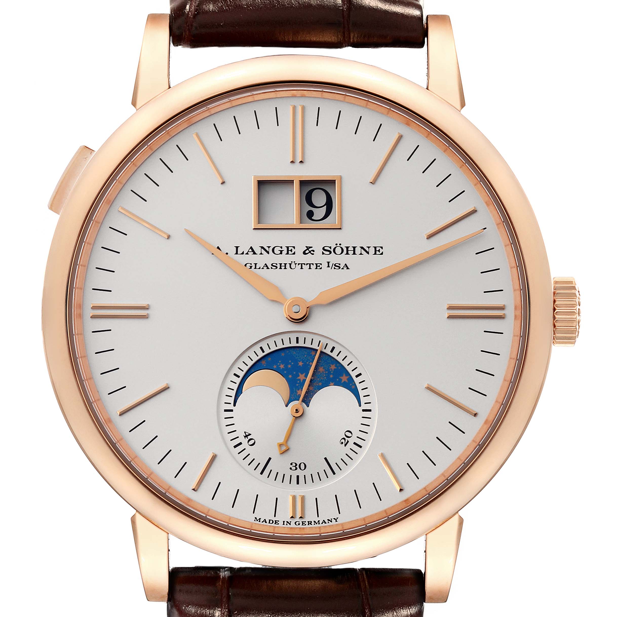 The image shows the face of the A. Lange 
Sohne Saxonia 384.032 Men
s Rose Gold Silver Dial watch, featuring the time, date, and moon phase indicators.