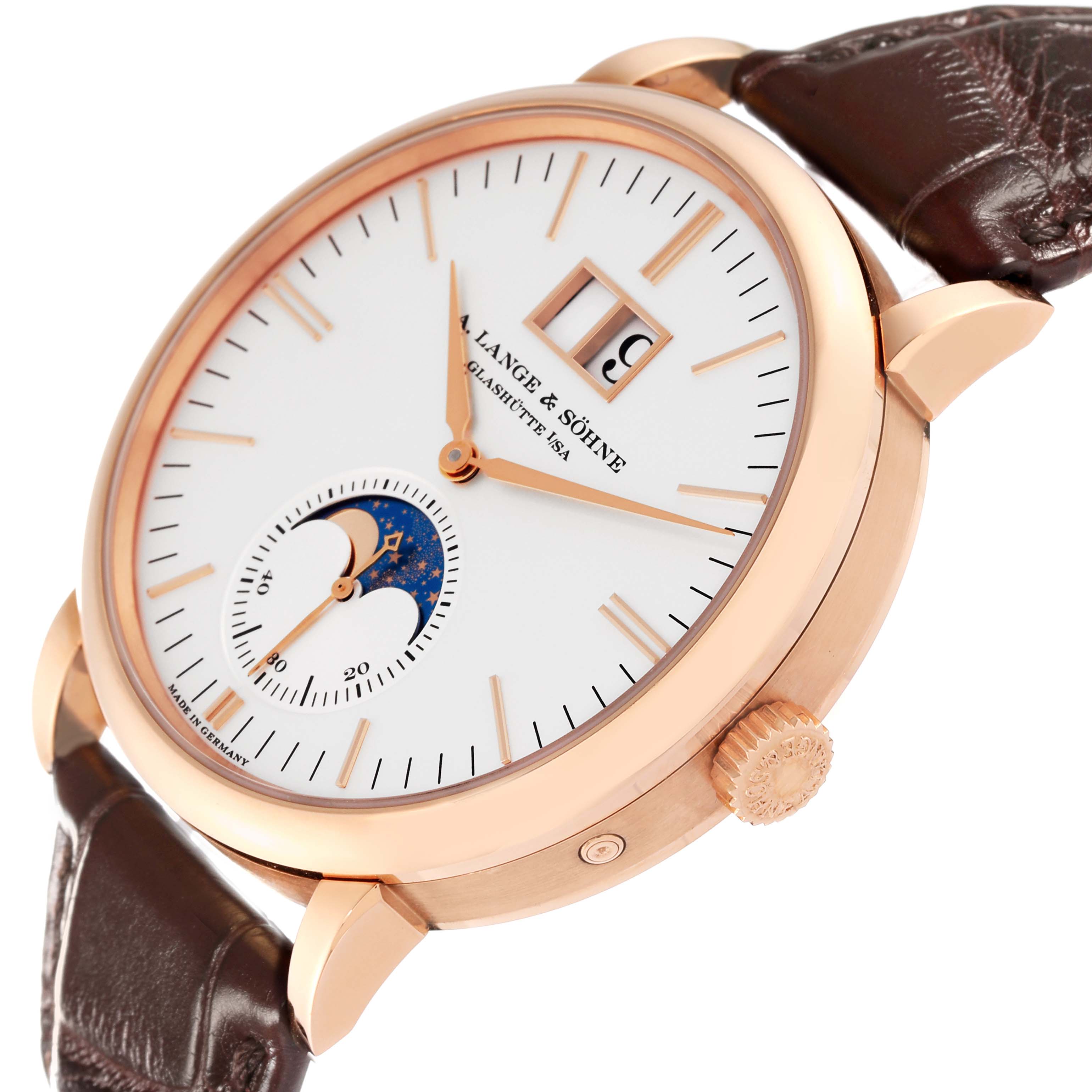 Angled side view of the A. Lange 
Sohne Saxonia 384.032 Men
s Rose Gold Silver Dial watch displaying the dial, moon phase, crown, and leather strap.