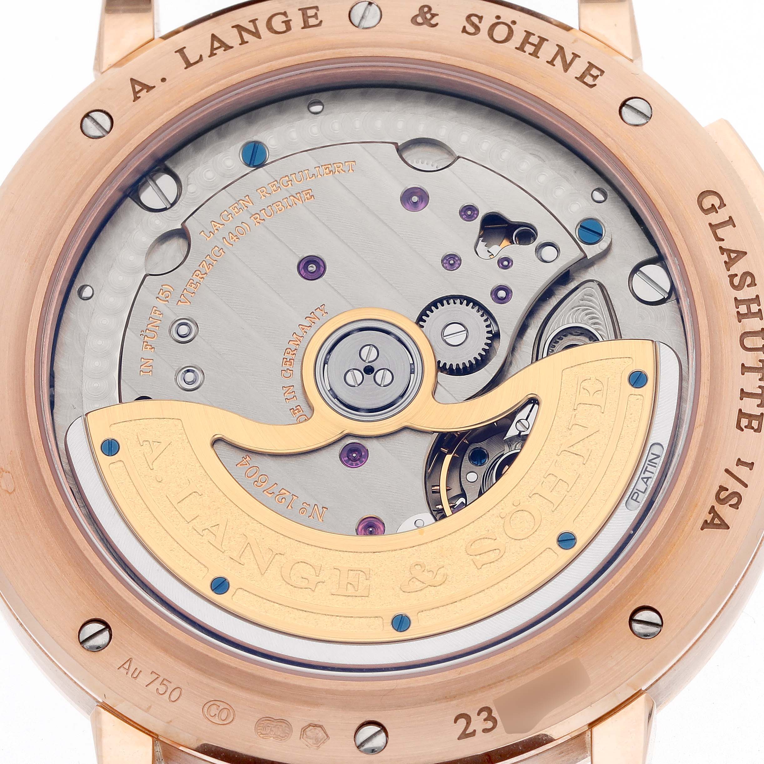 The image shows the case back of the A. Lange 
Sohne Saxonia 384.032 Men
s Rose Gold Silver Dial watch, revealing its intricate movement and rotor.