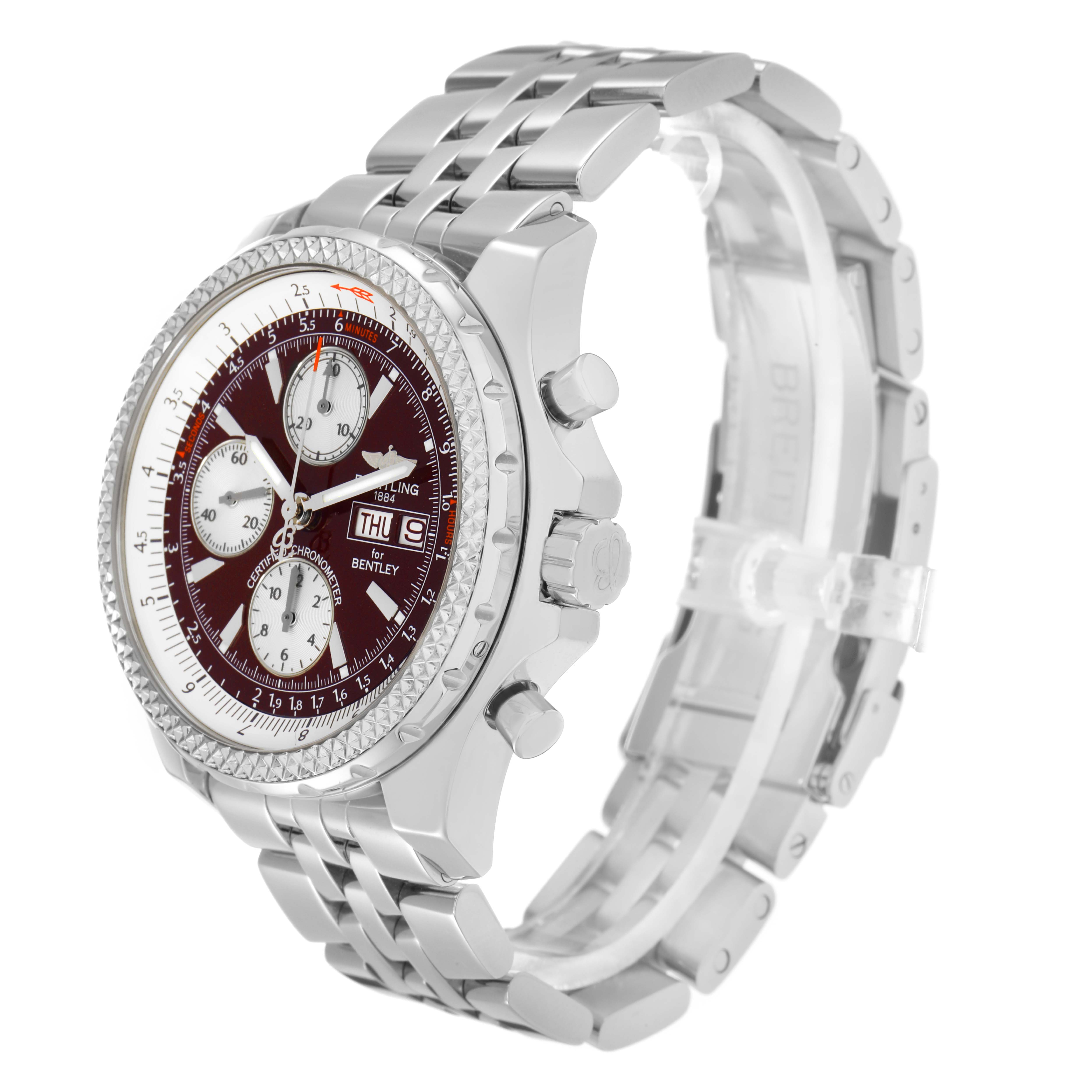The Breitling Bentley A13362 Men
s Stainless Steel Red Dial watch is angled to show the face, bezel, crown, pushers, and partially the bracelet.