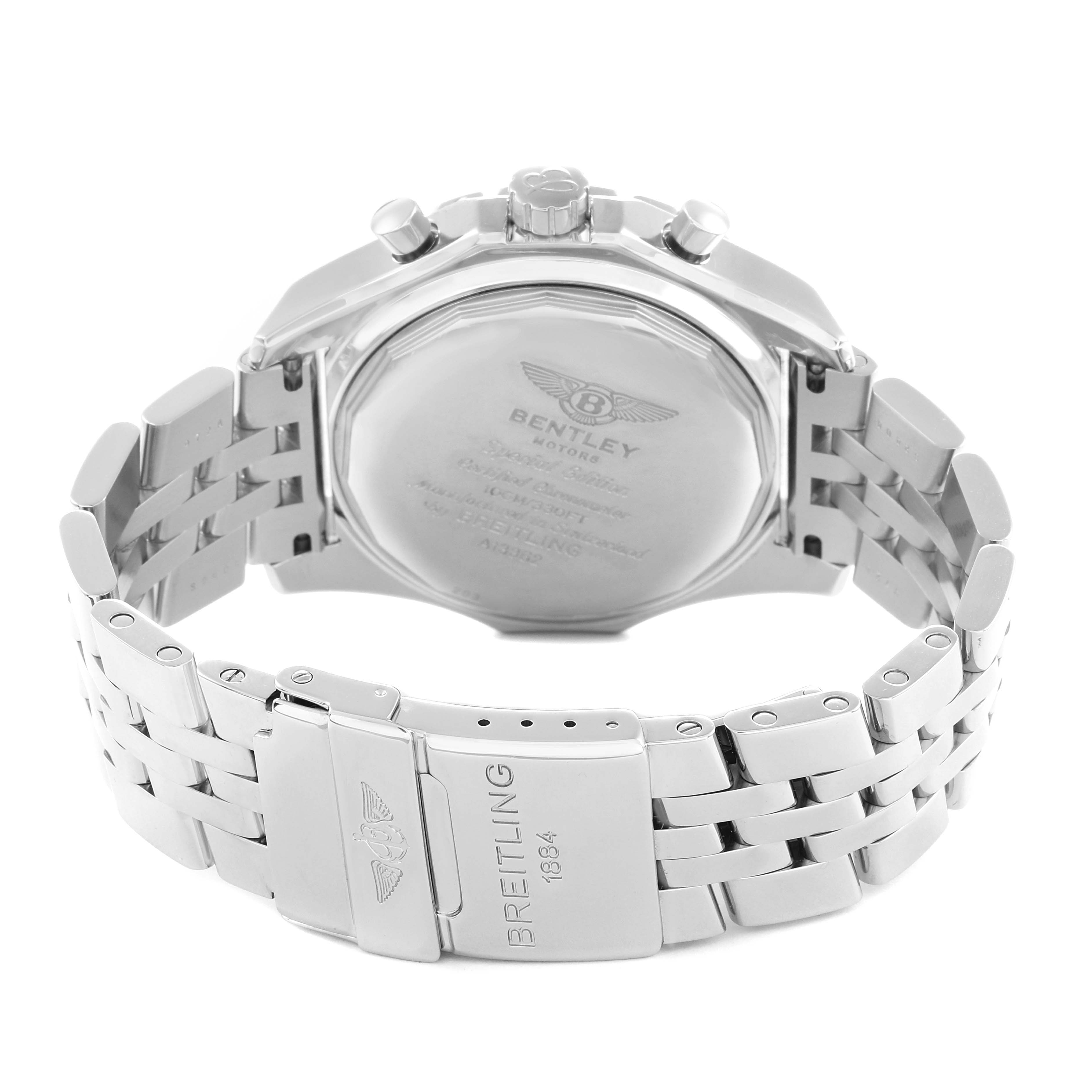 The image shows the back view of the Breitling Bentley A13362 Men
s Stainless Steel Red Dial watch, highlighting the bracelet and case back.