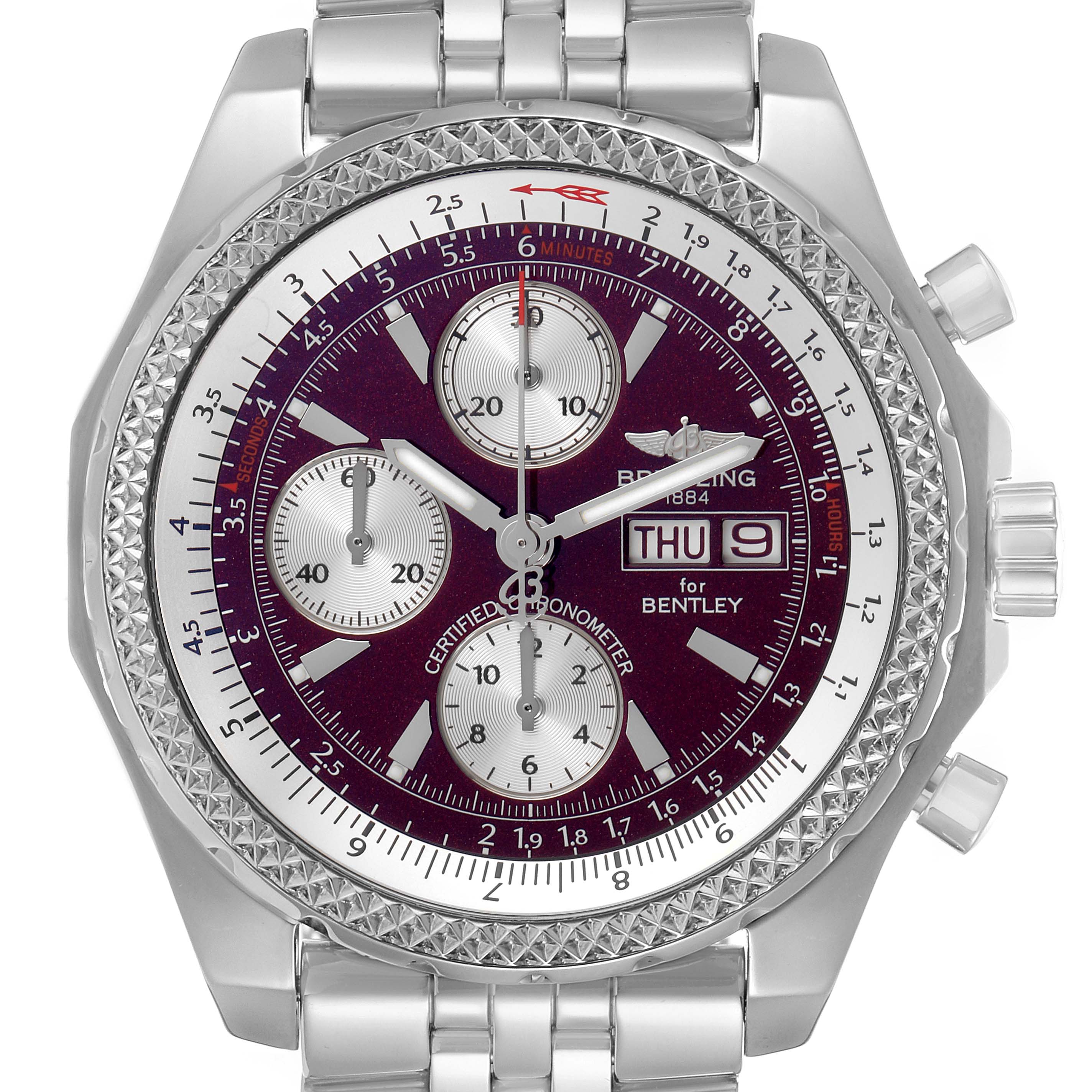 The Breitling Bentley A13362 Men
s Stainless Steel Red Dial watch is shown from a front angle, highlighting the dial, bezel, and bracelet.