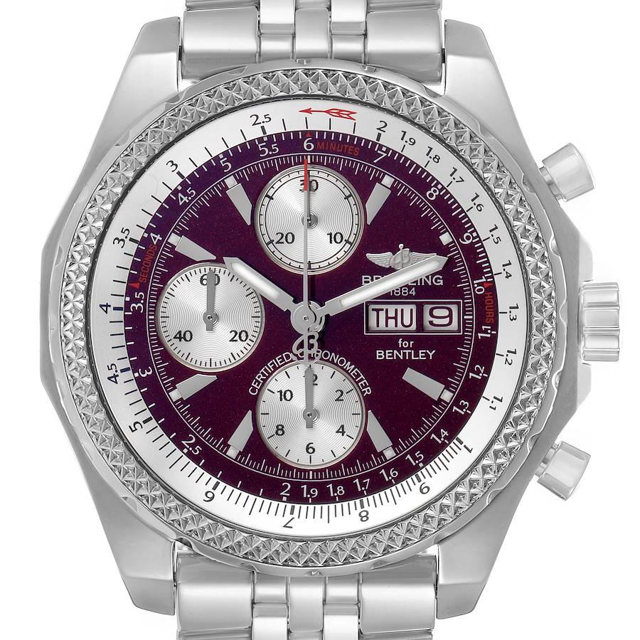The image shows a frontal view of a Breitling Bentley model A13362 men's watch, highlighting its dial, bezel, subdials, day-date display, and steel bracelet.