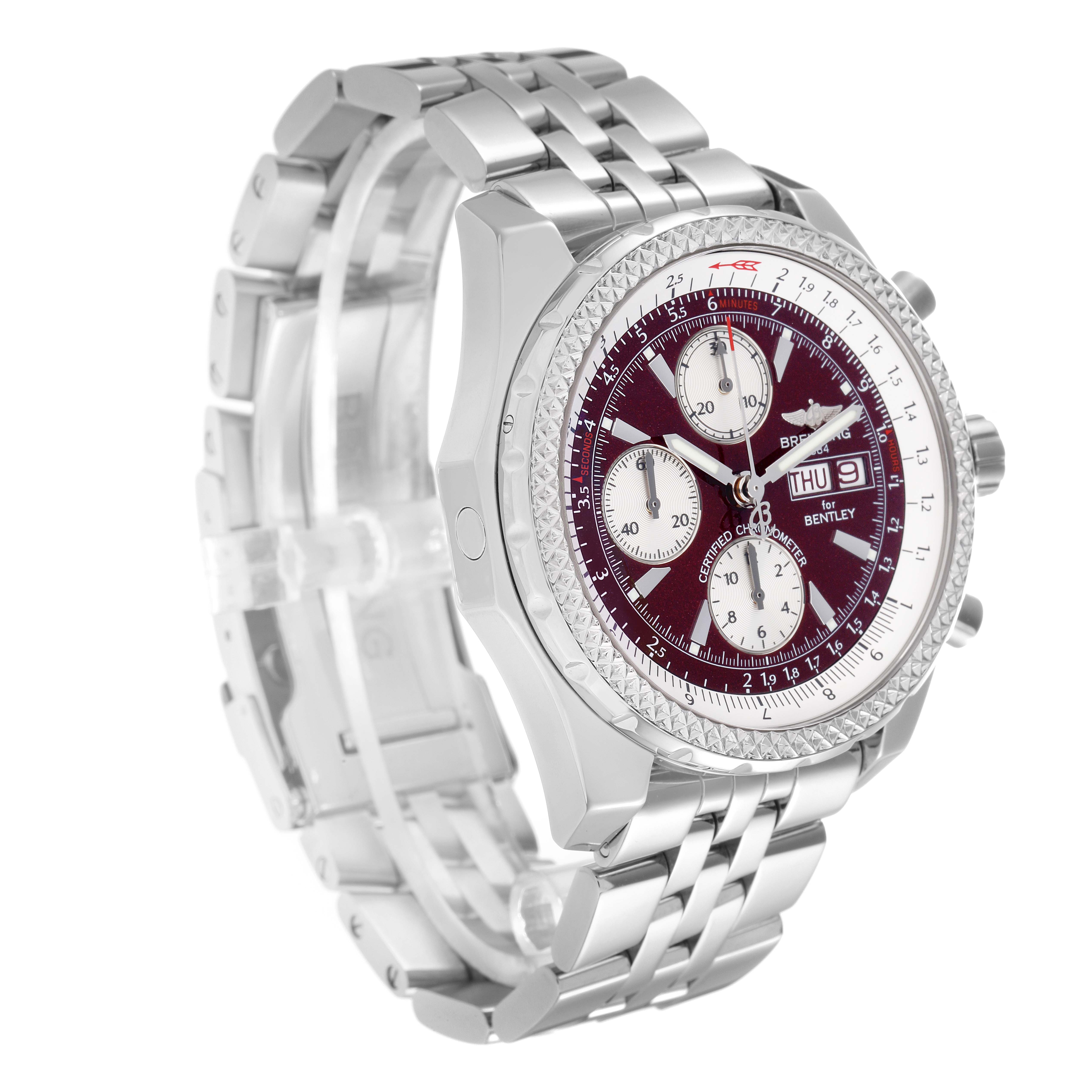The Breitling Bentley A13362 Men
s Stainless Steel Red Dial watch is shown at an angled side view, highlighting the bezel, dial, crown, and metal bracelet.