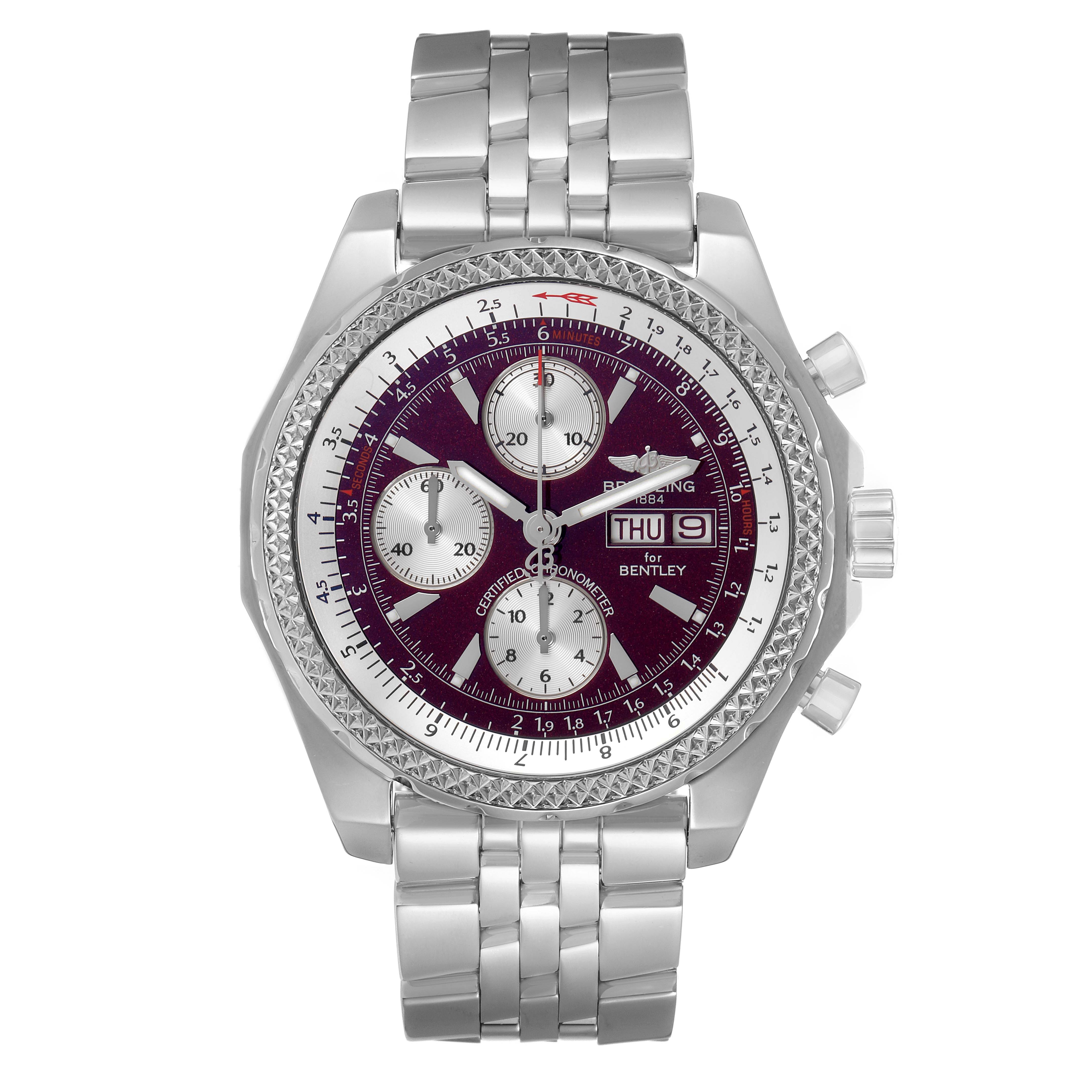 The Breitling Bentley A13362 Men
s Stainless Steel Red Dial watch is shown from a front angle, displaying the dial, bezel, and part of the bracelet.
