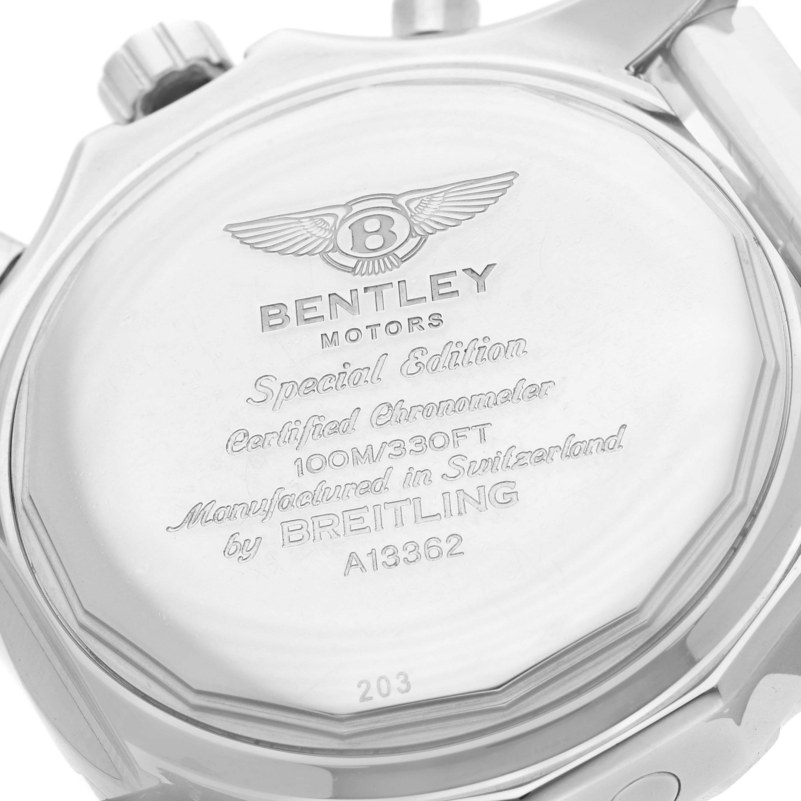 The image shows the back of the Breitling Bentley A13362 Men
s Stainless Steel Red Dial watch, highlighting its engravings and special edition markings.