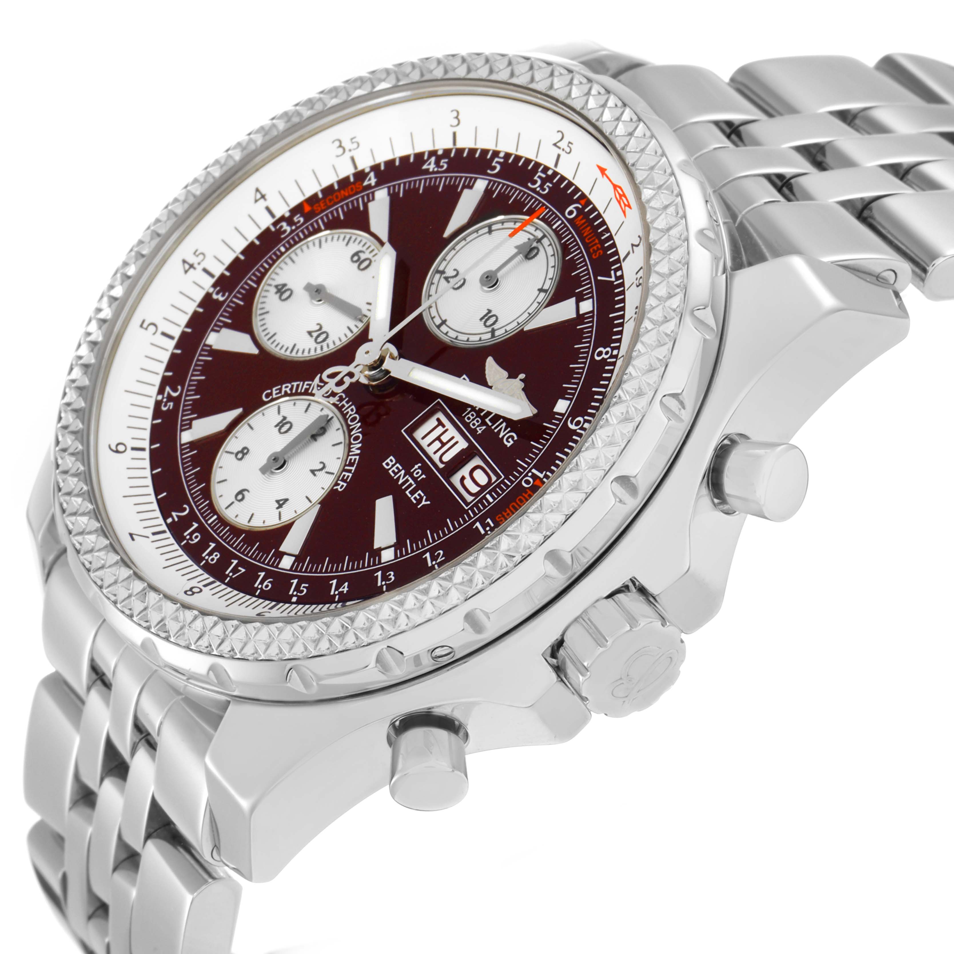 The image shows a Breitling Bentley A13362 Men
s Stainless Steel Red Dial watch from a side angle, highlighting the bezel, dial, pushers, and stainless steel bracelet.