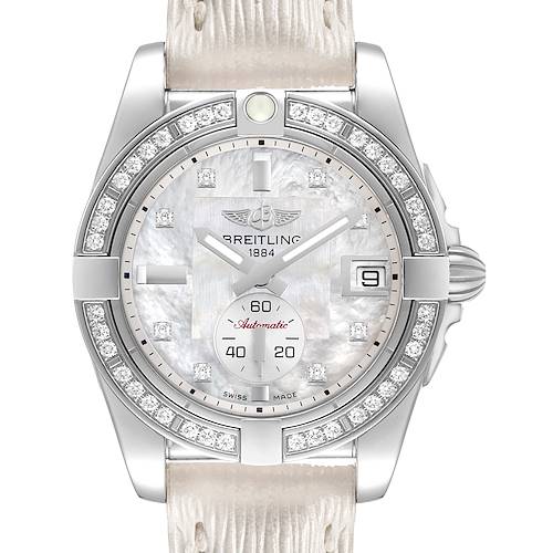 The Breitling Galactic A37330 Men's Stainless Steel Mother of Pearl Dial watch is shown from a front angle, featuring a diamond-set bezel, mother-of-pearl dial, and date display.