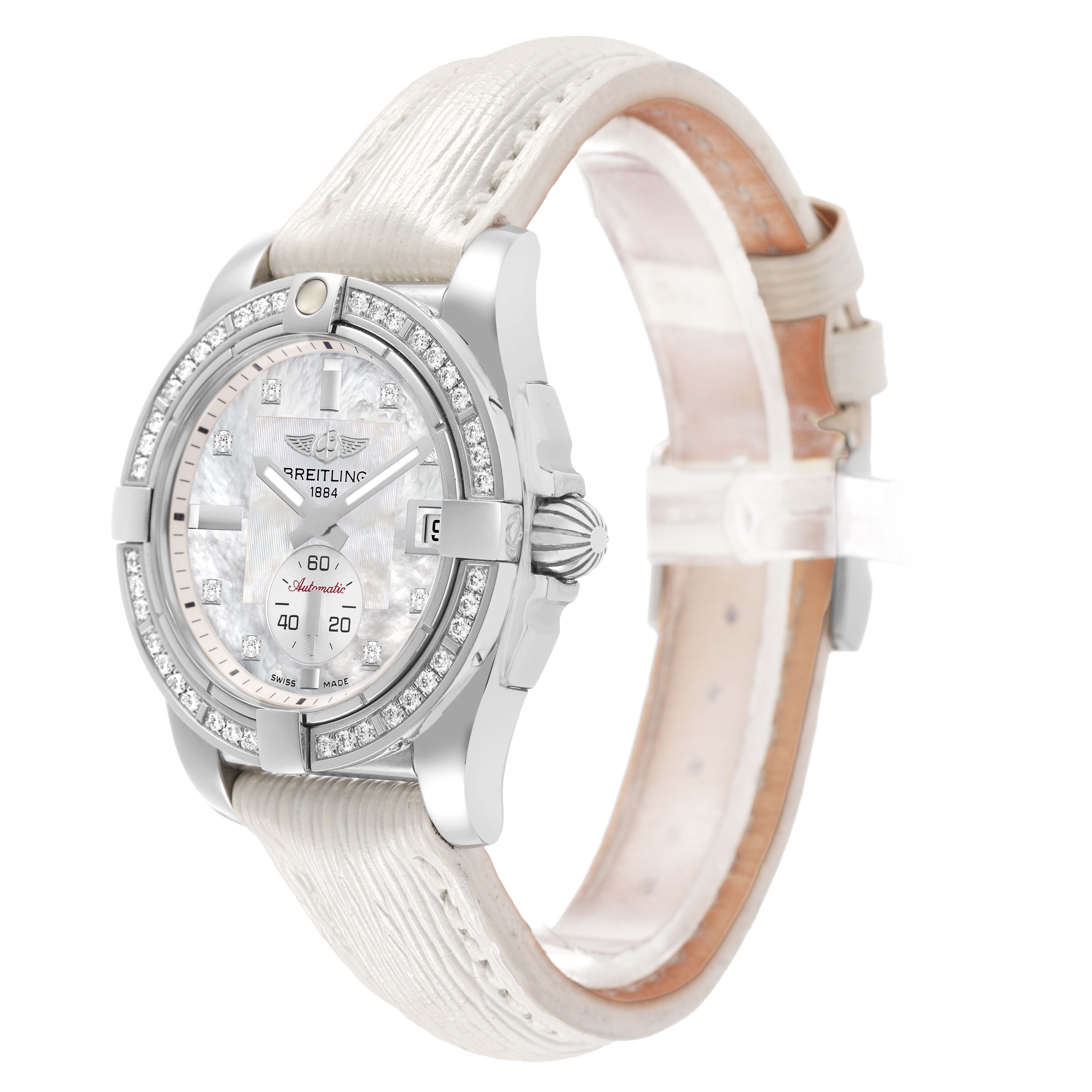 The Breitling Galactic A37330 Men's Stainless Steel Mother of Pearl Dial watch is shown at a slight angle, displaying the face, bezel, crown, and part of the strap.