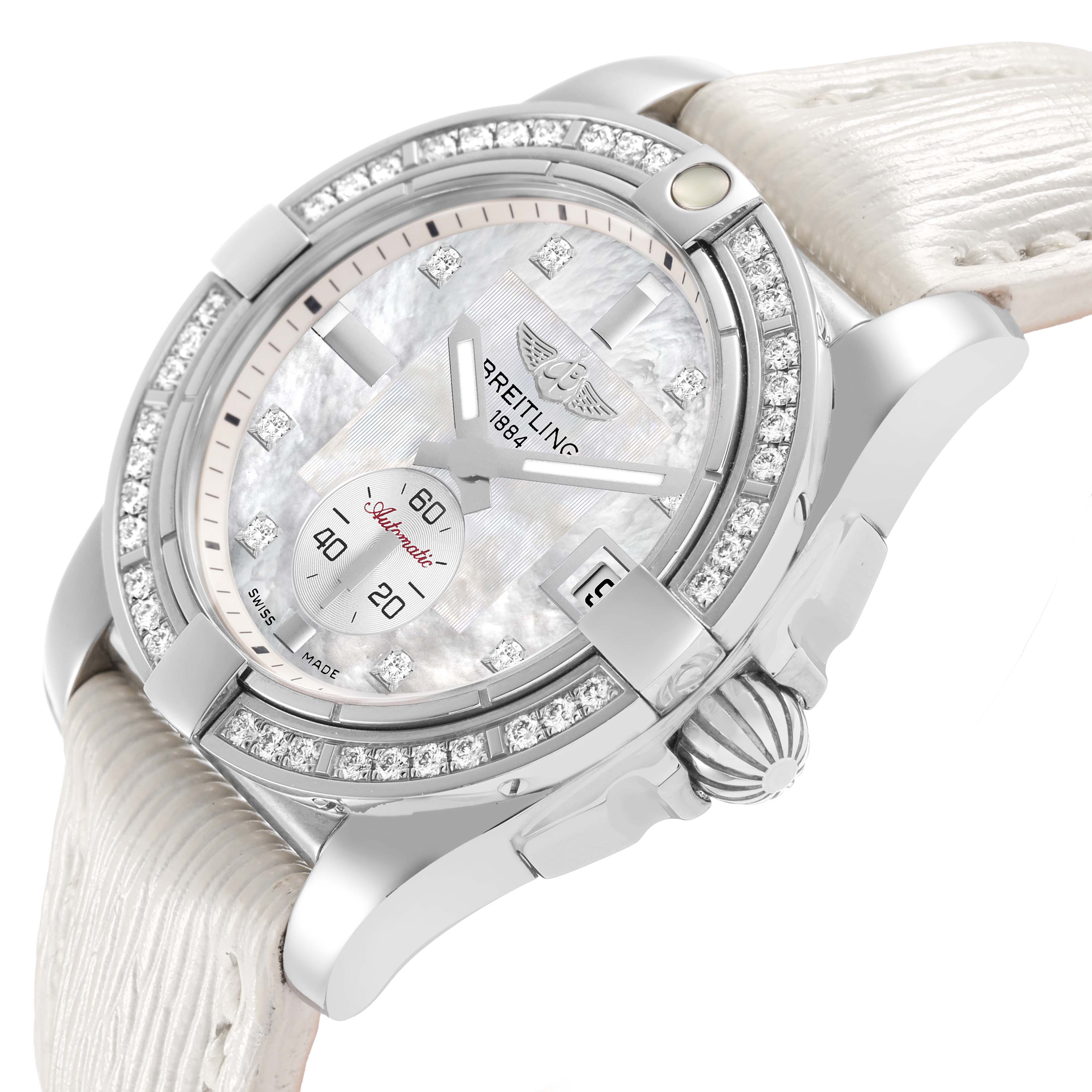 The Breitling Galactic A37330 Men's Stainless Steel Mother of Pearl Dial watch is shown at a three-quarter angle, highlighting the diamond bezel, white strap, and detailed dial.