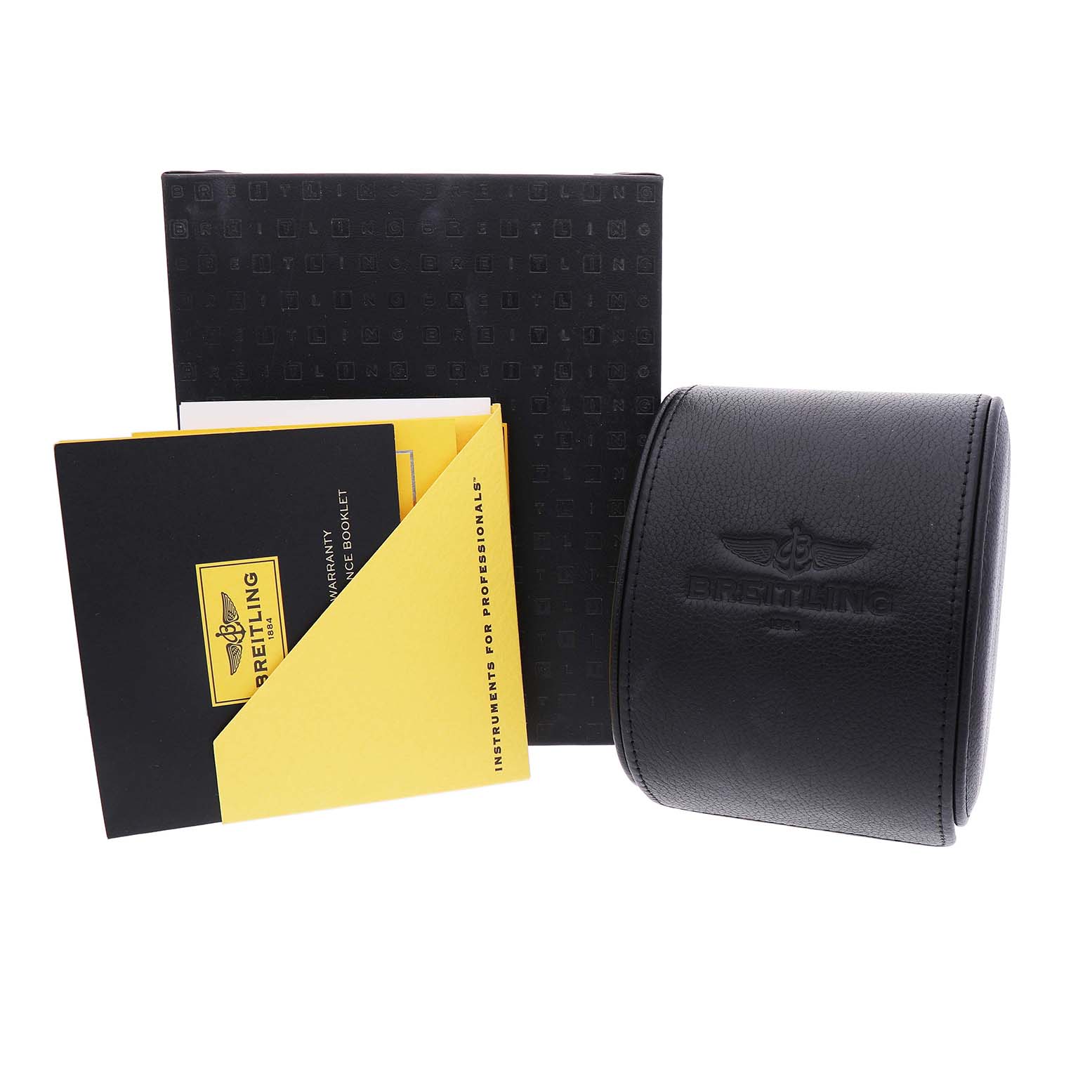 This image shows the Breitling Galactic A37330 Men's Stainless Steel Mother of Pearl Dial watch accessories, including a black leather travel case, box, and warranty booklet.